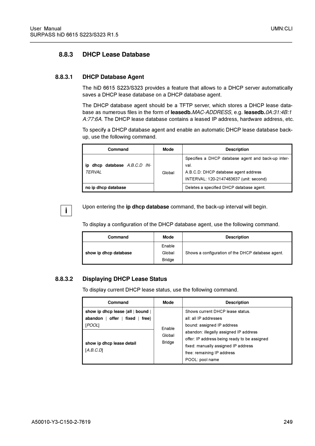 Siemens S223, S323 Dhcp Lease Database, Dhcp Database Agent, Displaying Dhcp Lease Status, A50010-Y3-C150-2-7619 249 