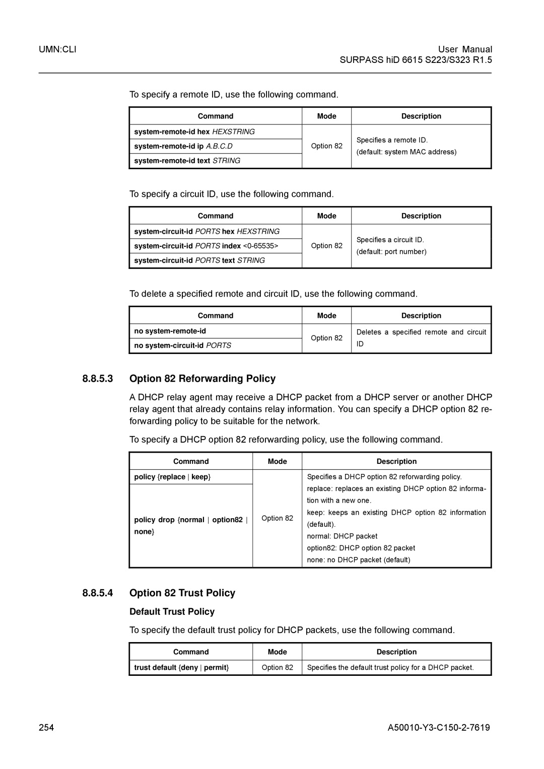 Siemens S323, S223 user manual Option 82 Reforwarding Policy, Option 82 Trust Policy, Default Trust Policy 