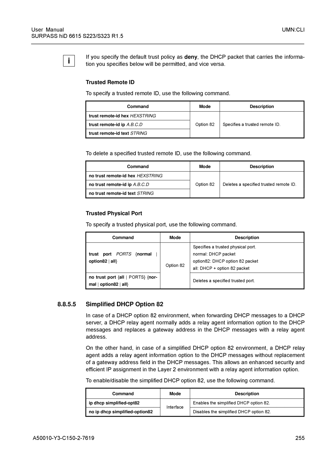 Siemens S223, S323 Simplified Dhcp Option, Trusted Remote ID, To specify a trusted remote ID, use the following command 