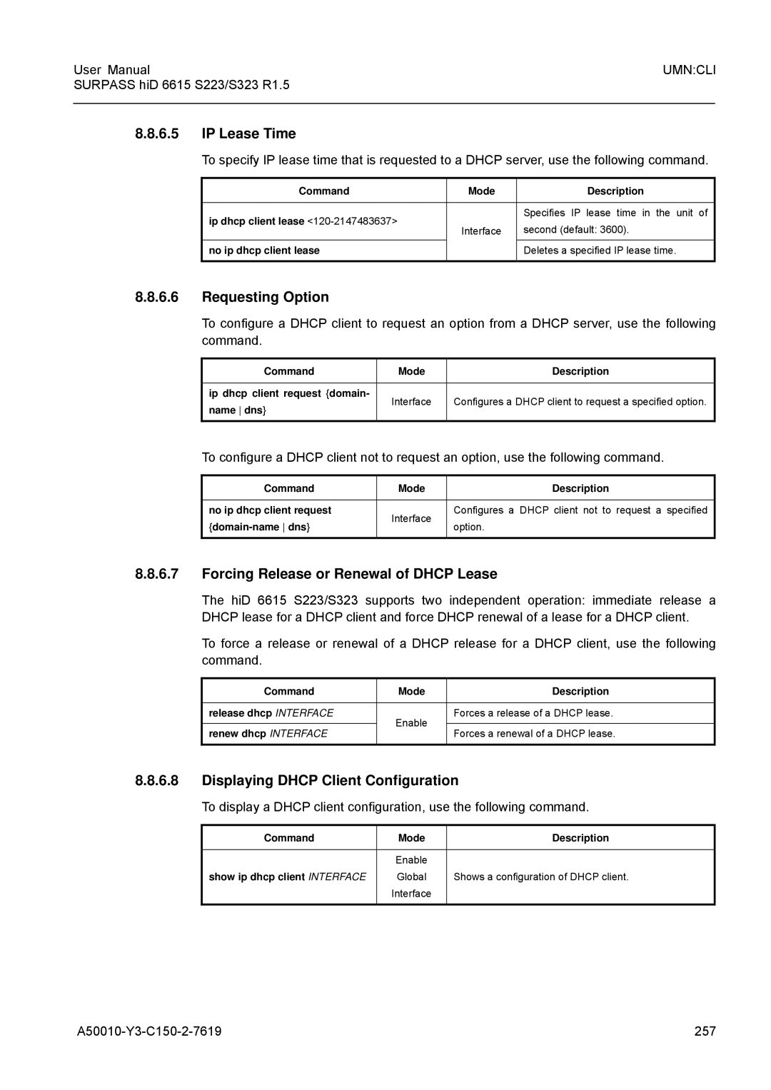 Siemens S223, S323 Requesting Option, Forcing Release or Renewal of Dhcp Lease, Displaying Dhcp Client Configuration 