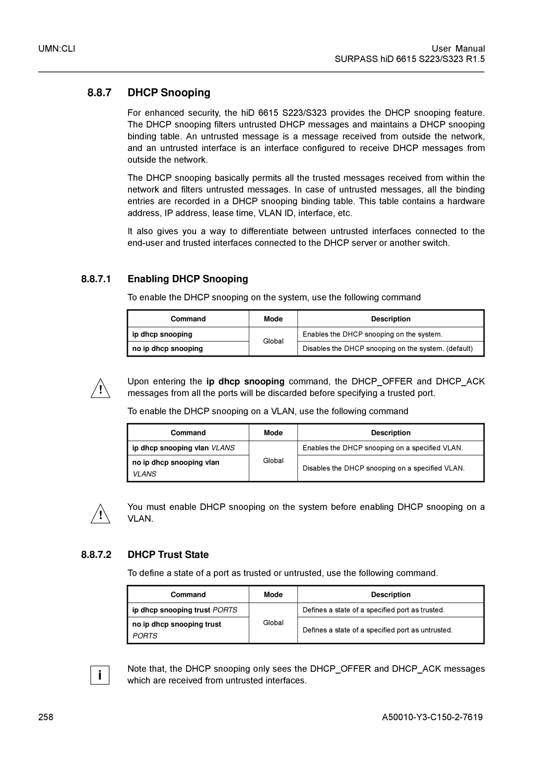 Siemens S323, S223 user manual Enabling Dhcp Snooping, Dhcp Trust State, 258 A50010-Y3-C150-2-7619 