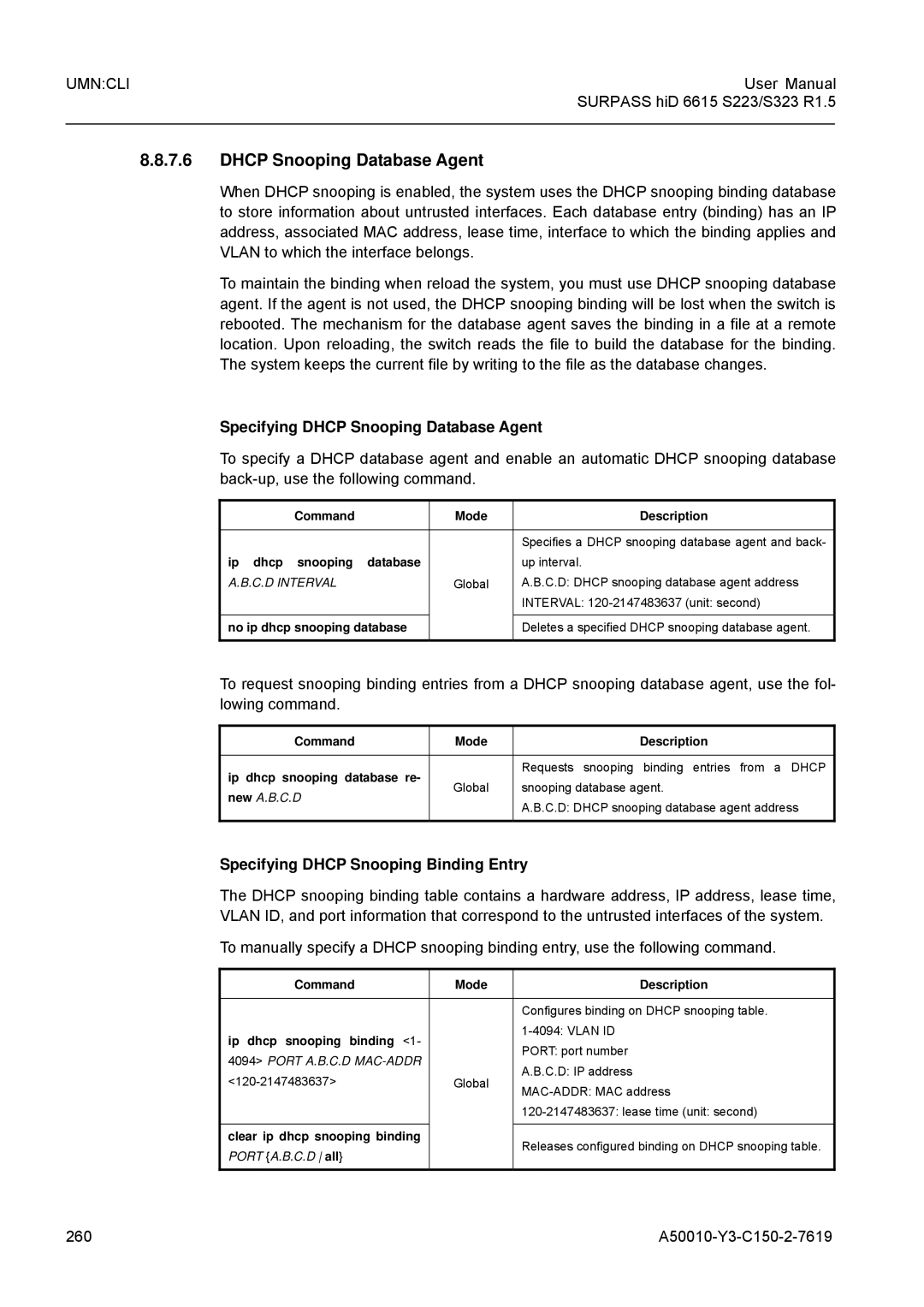 Siemens S323, S223 Specifying Dhcp Snooping Database Agent, Specifying Dhcp Snooping Binding Entry, New A.B.C.D 