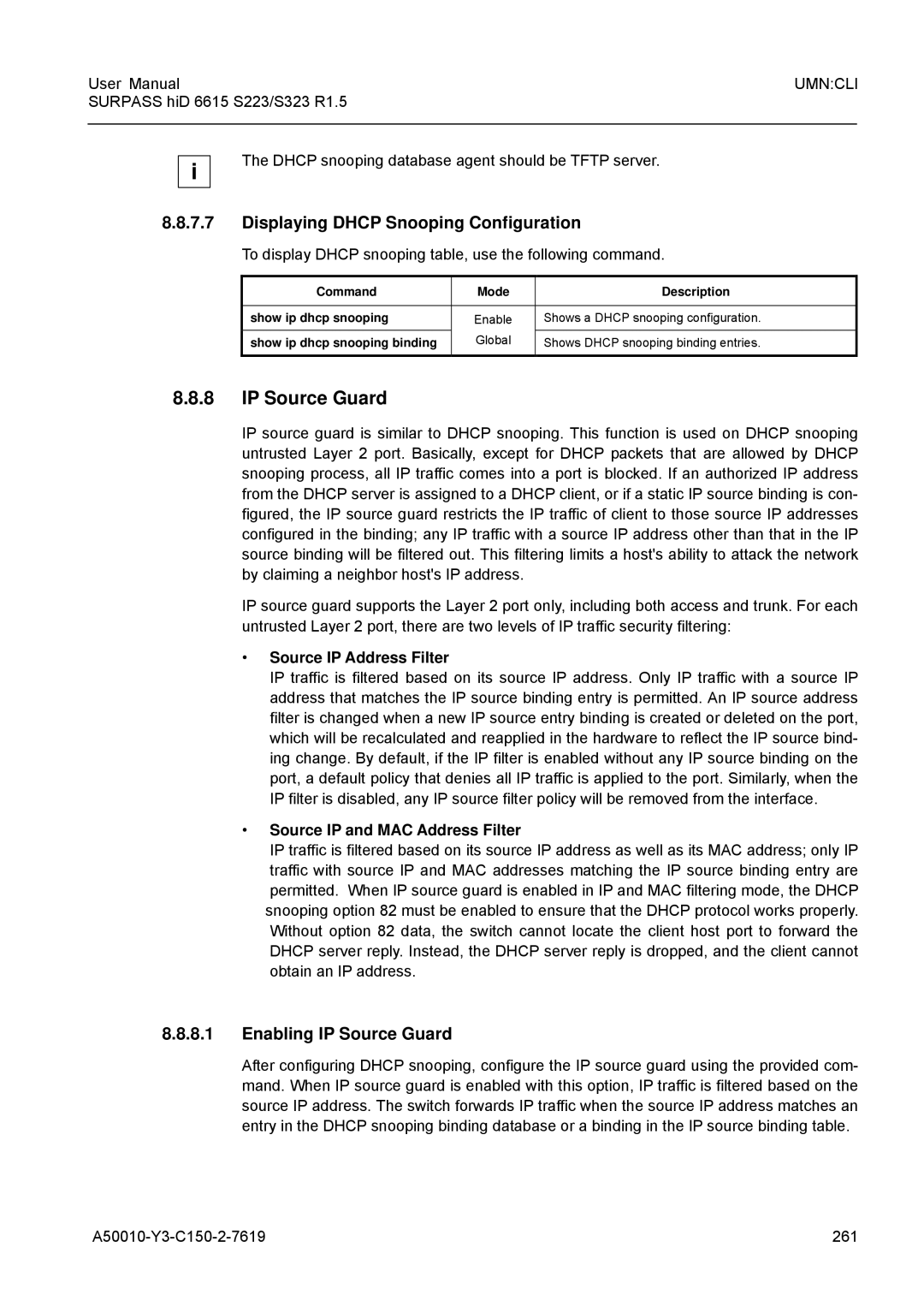 Siemens S223, S323 Displaying Dhcp Snooping Configuration, Enabling IP Source Guard, Source IP Address Filter 