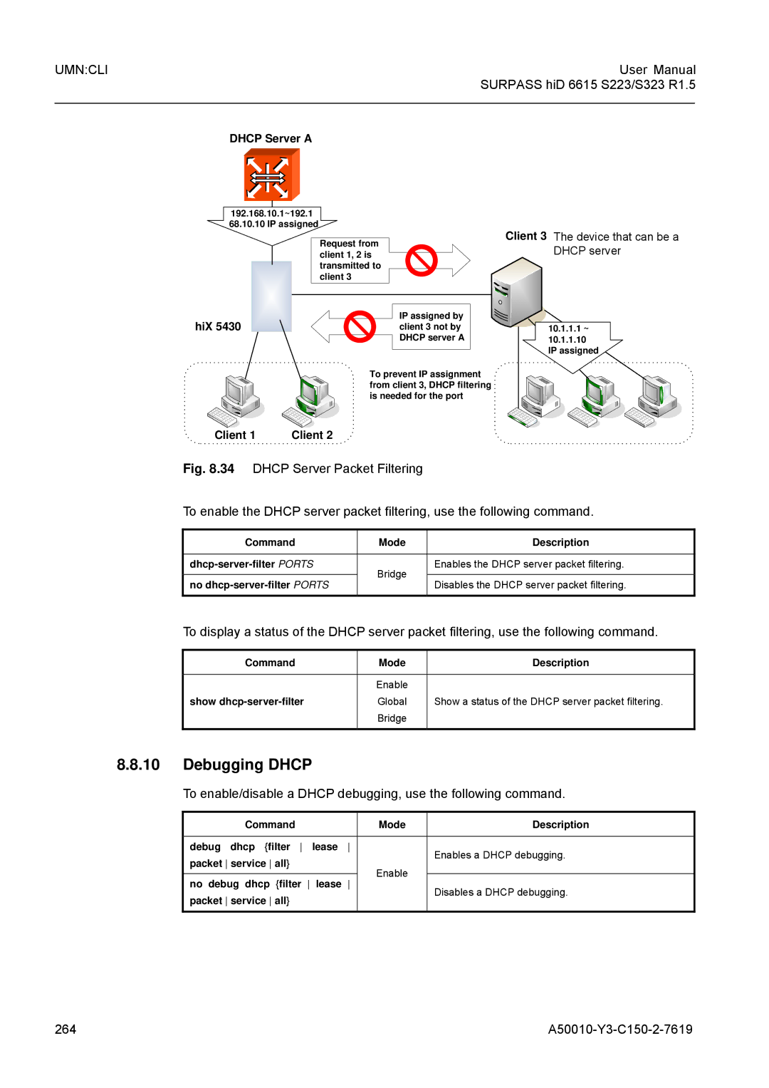 Siemens S323 Debugging Dhcp, 264 A50010-Y3-C150-2-7619, Command Mode Description Debug dhcp filter, Packet service all 