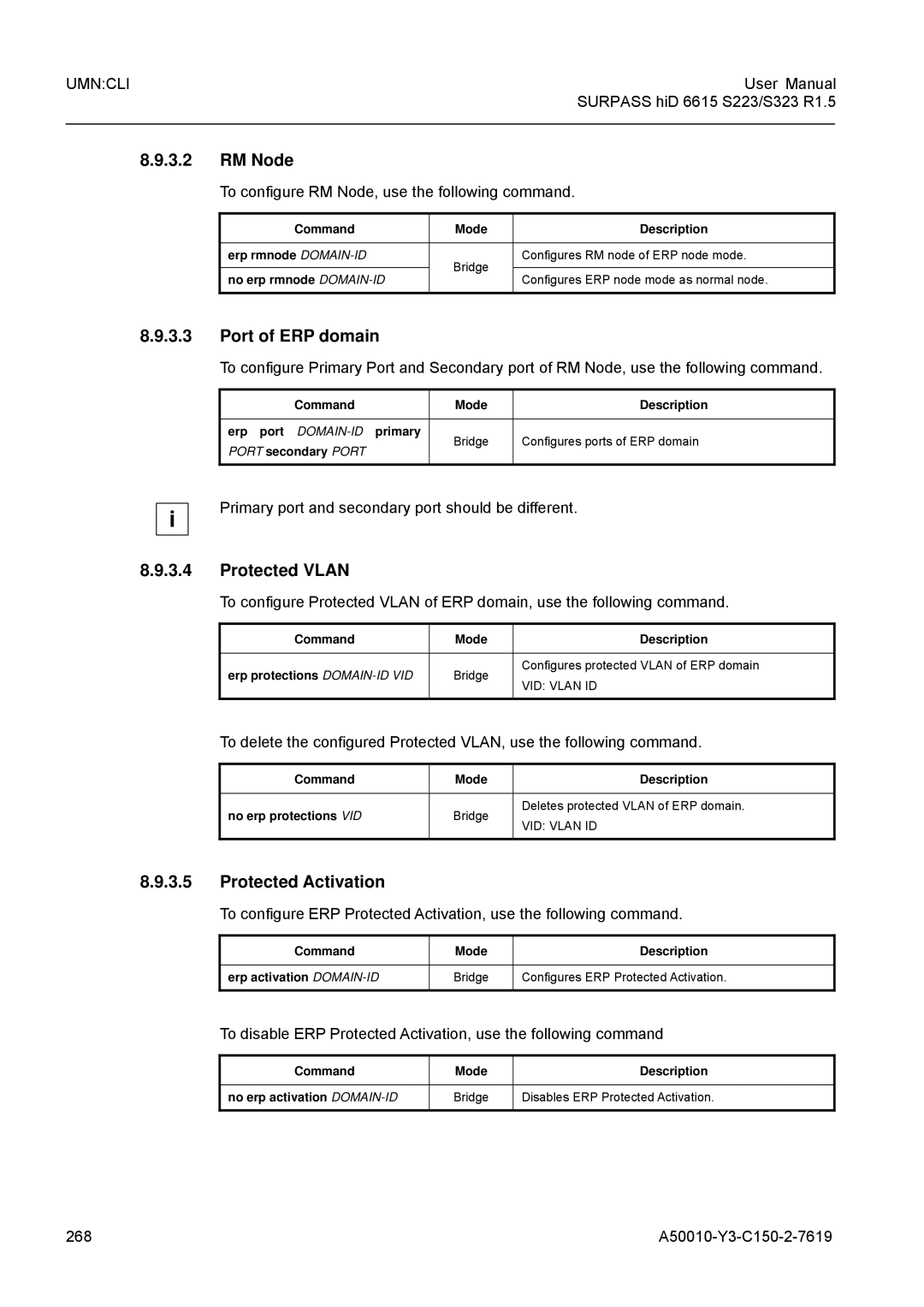 Siemens S323, S223 user manual RM Node, Port of ERP domain, Protected Vlan, Protected Activation 