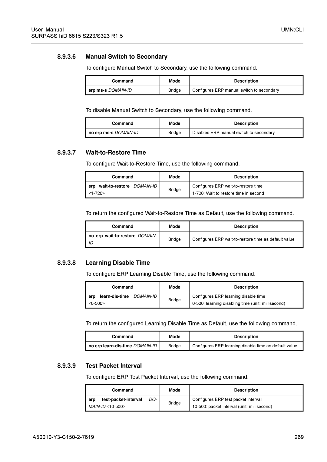 Siemens S223, S323 user manual Manual Switch to Secondary, Wait-to-Restore Time, Learning Disable Time, Test Packet Interval 