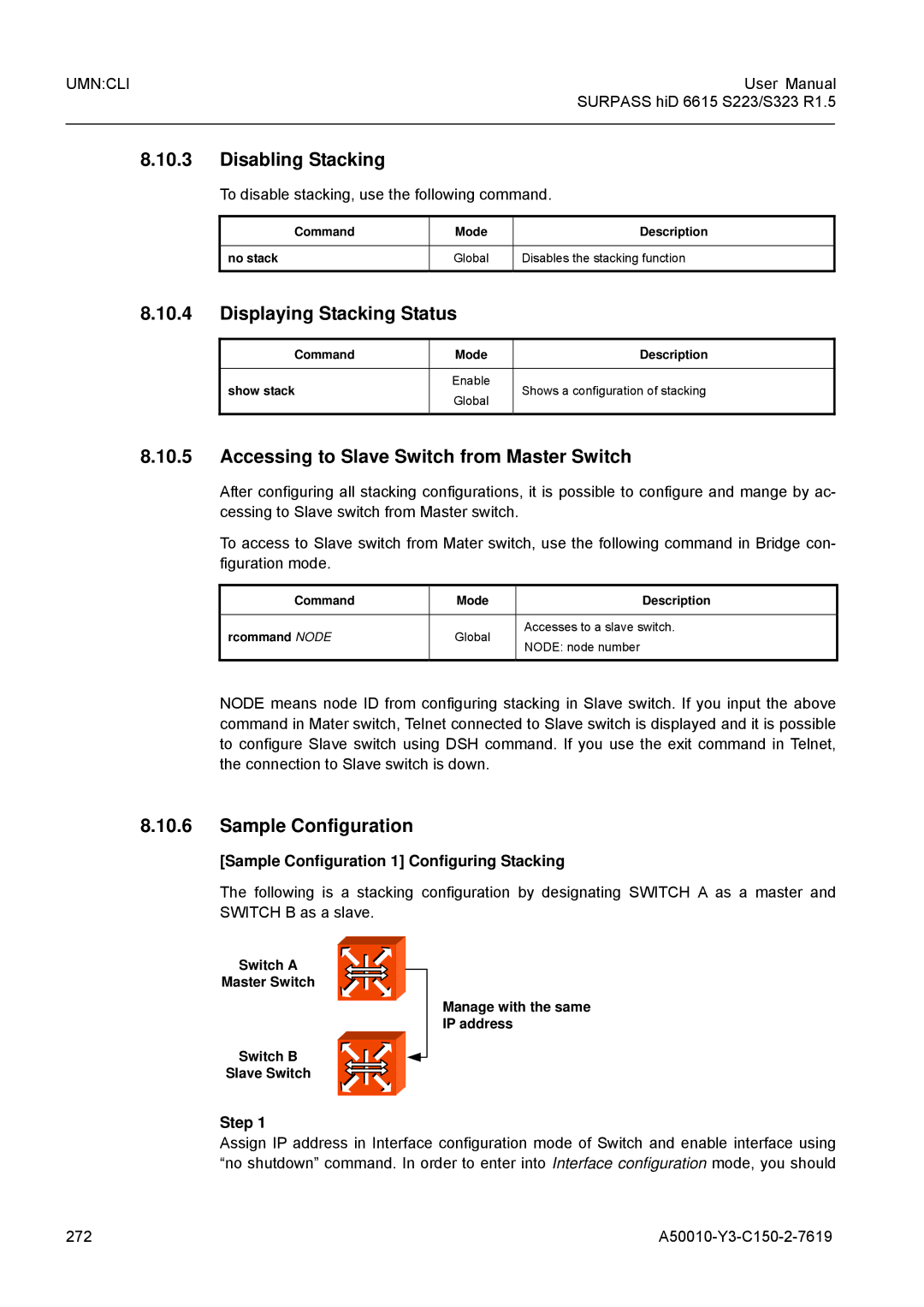 Siemens S323, S223 user manual Disabling Stacking, Displaying Stacking Status, Accessing to Slave Switch from Master Switch 