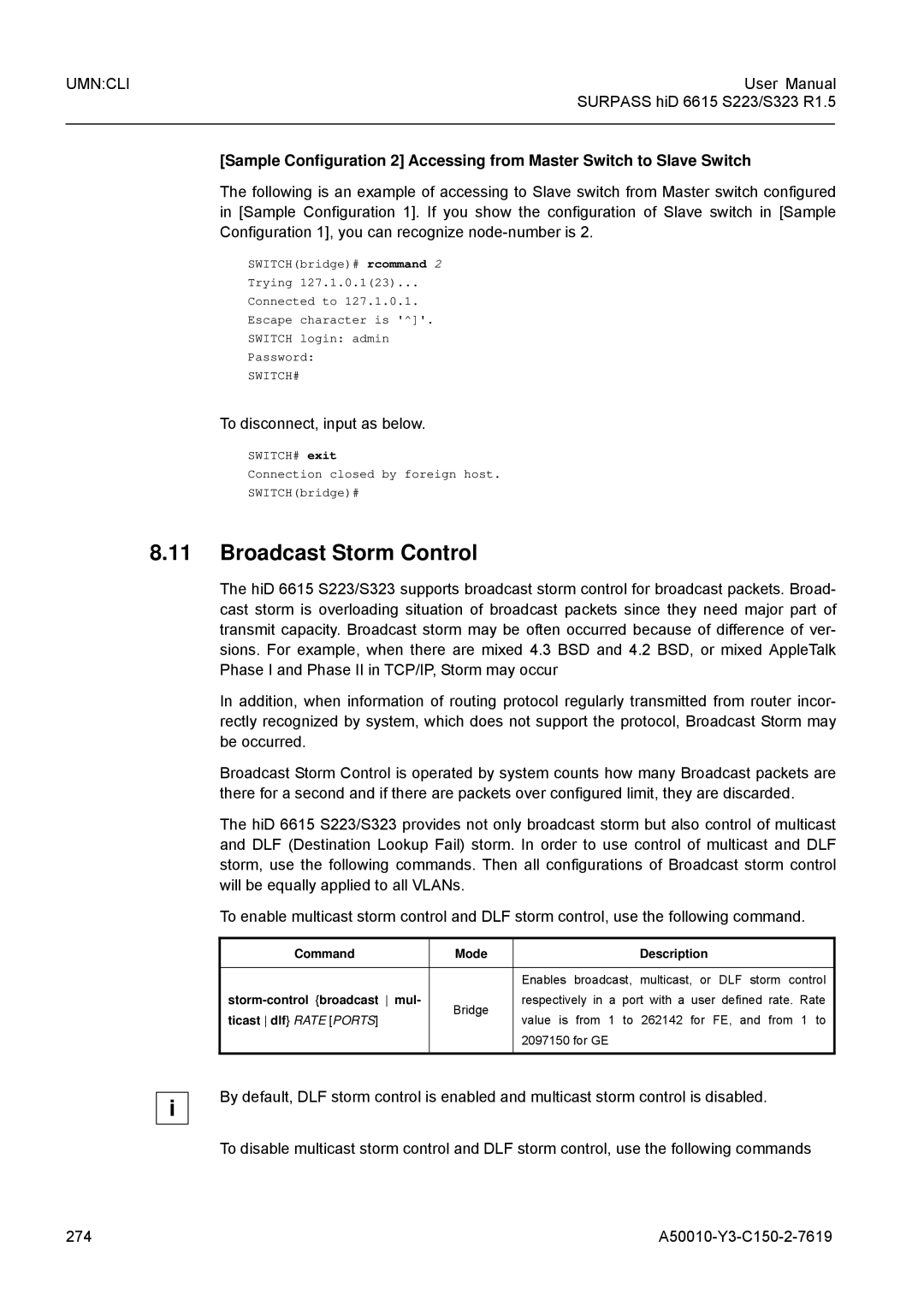 Siemens S323 Broadcast Storm Control, To disconnect, input as below, Storm-control broadcast mul, Ticast dlf Rate Ports 