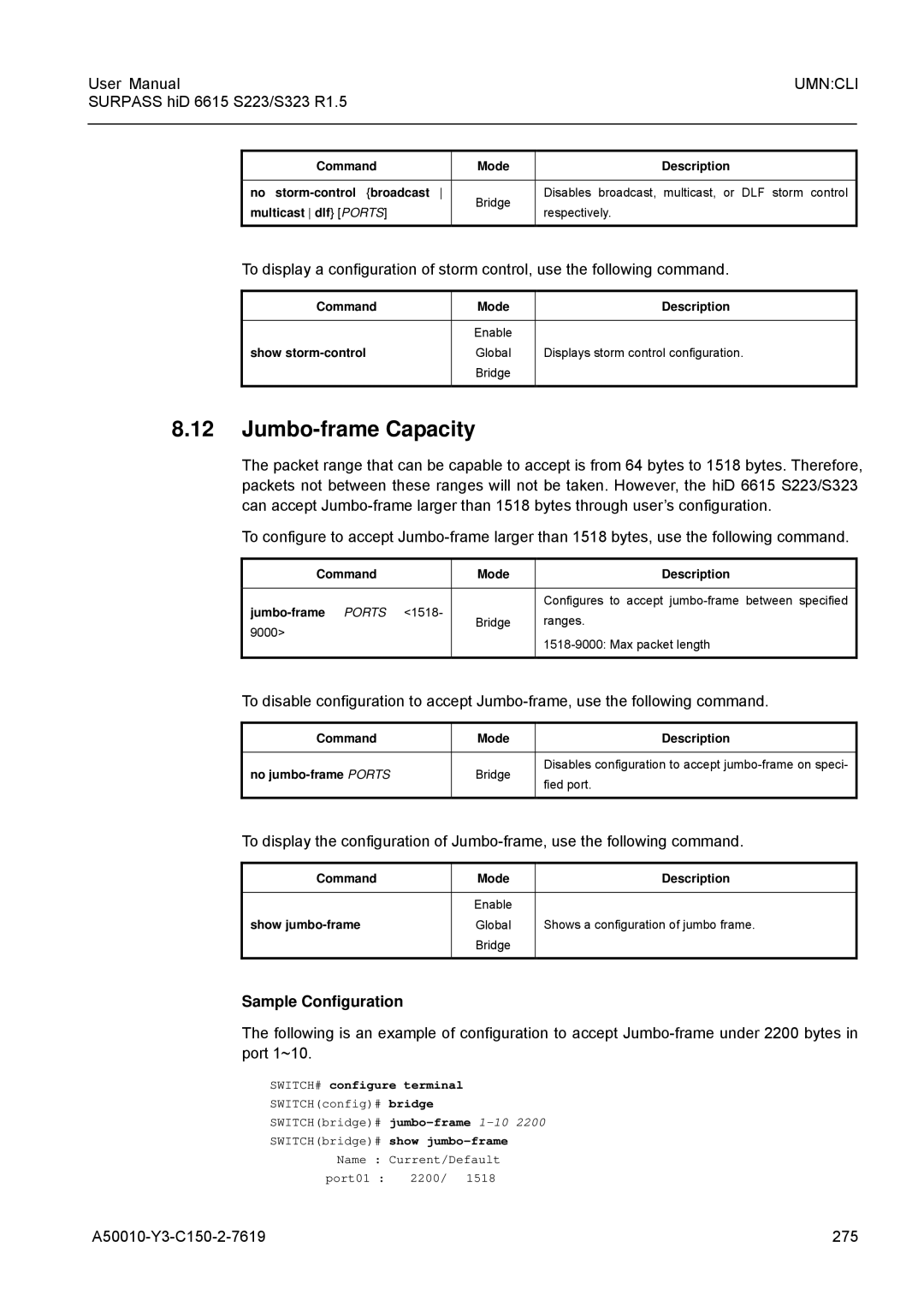 Siemens S223, S323 user manual Jumbo-frame Capacity, A50010-Y3-C150-2-7619 275, Command Mode Description Jumbo-frame Ports 