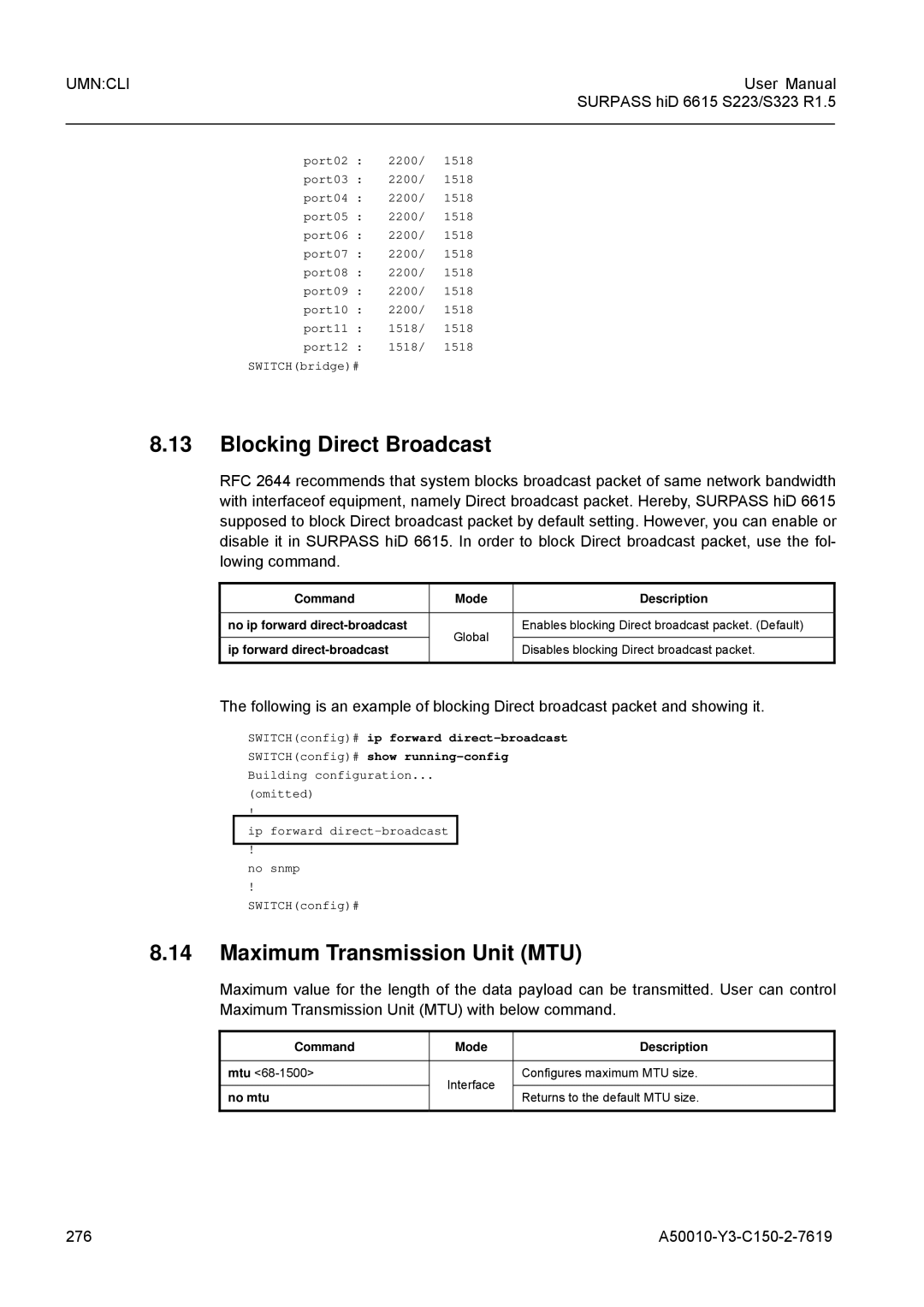 Siemens S323, S223 user manual Blocking Direct Broadcast, Maximum Transmission Unit MTU, 276 A50010-Y3-C150-2-7619 