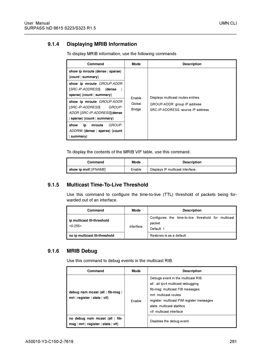 Siemens S223, S323 user manual Displaying Mrib Information, Multicast Time-To-Live Threshold, Mrib Debug 