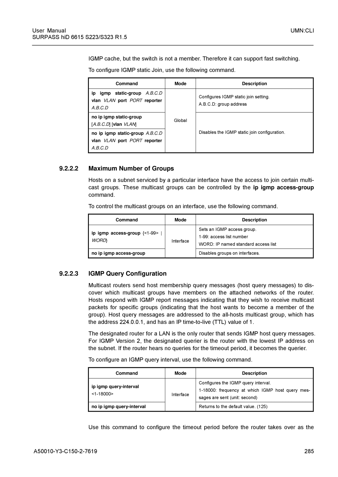 Siemens S223, S323 Maximum Number of Groups, Igmp Query Configuration, Command Mode Description Ip igmp static-group 