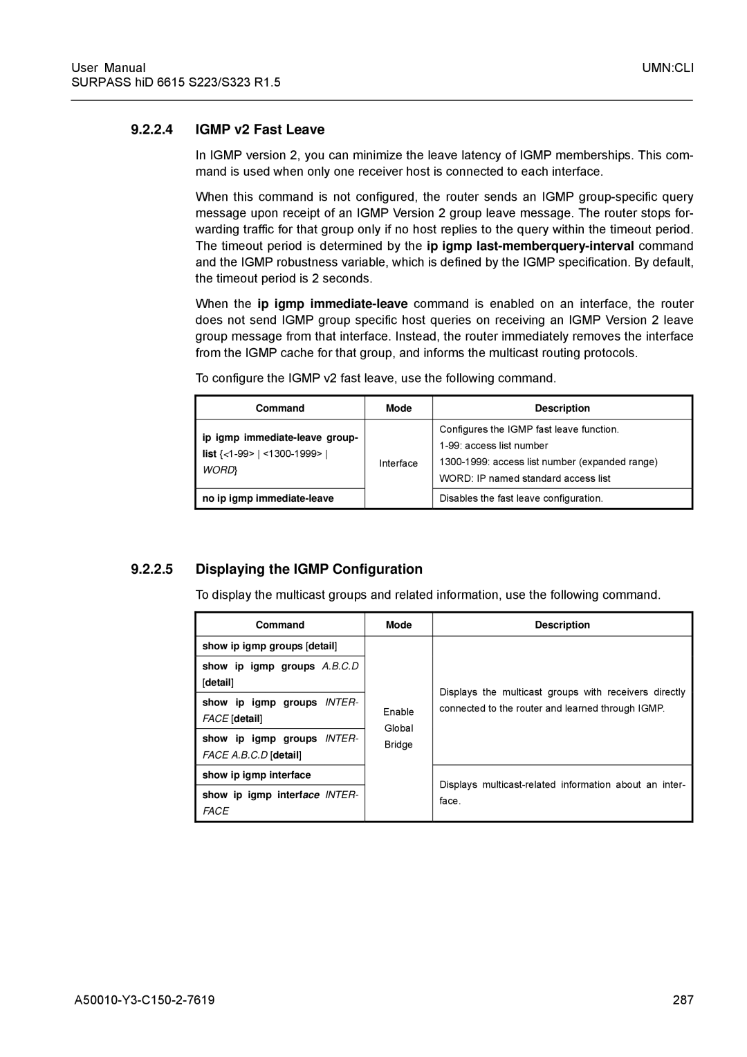 Siemens S223, S323 user manual Igmp v2 Fast Leave, Displaying the Igmp Configuration, A50010-Y3-C150-2-7619 287 