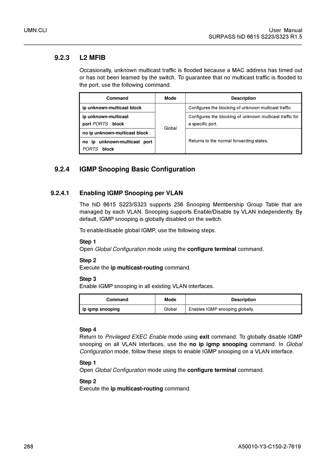 Siemens S323, S223 user manual 3 L2 Mfib, Igmp Snooping Basic Configuration, Enabling Igmp Snooping per Vlan 