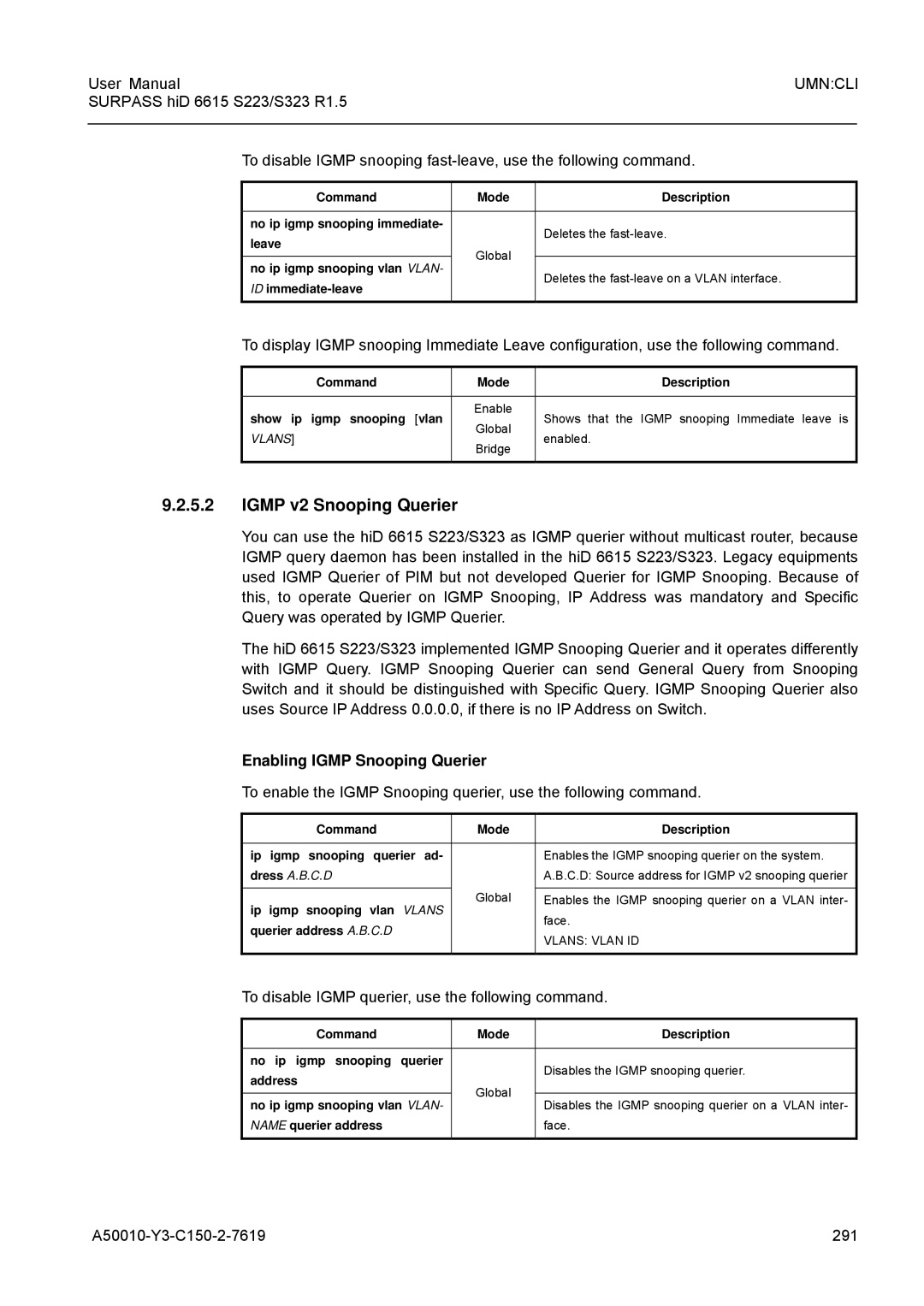 Siemens S223 Igmp v2 Snooping Querier, Enabling Igmp Snooping Querier, To disable Igmp querier, use the following command 