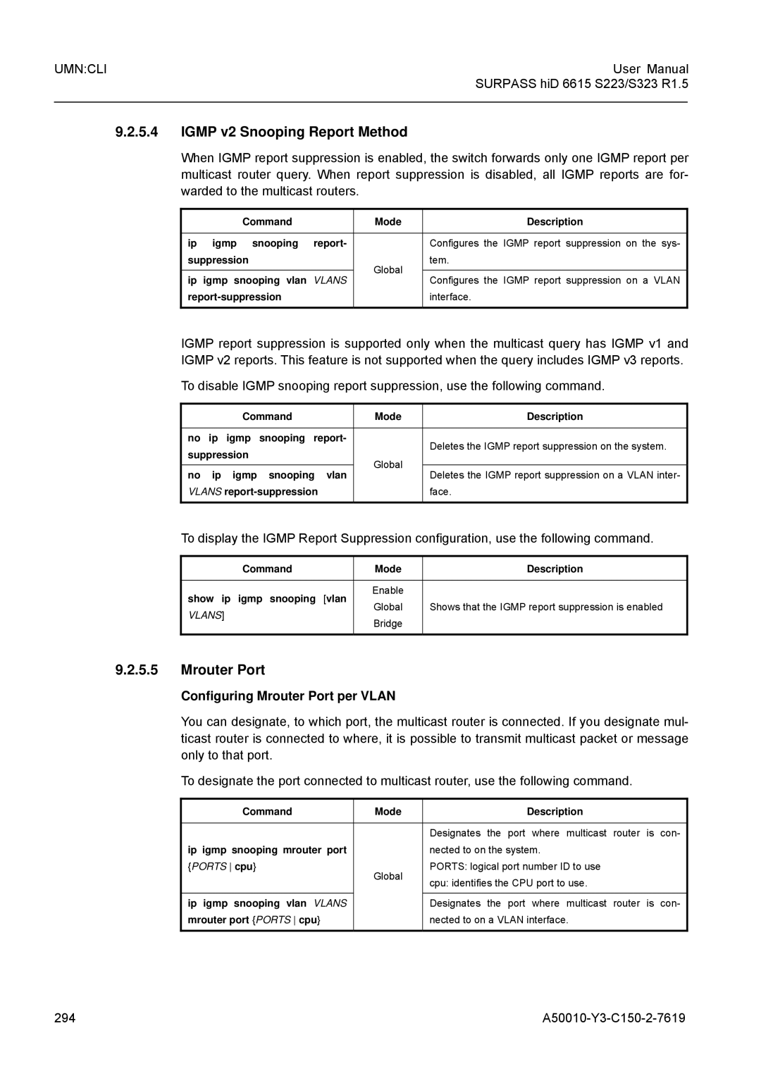 Siemens S323, S223 Igmp v2 Snooping Report Method, Configuring Mrouter Port per Vlan, 294 A50010-Y3-C150-2-7619 