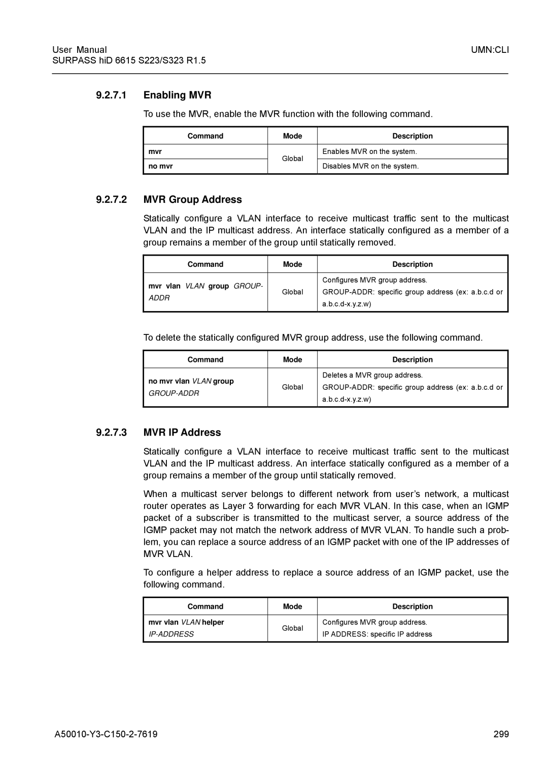 Siemens S223, S323 user manual Enabling MVR, MVR Group Address, MVR IP Address, A50010-Y3-C150-2-7619 299 