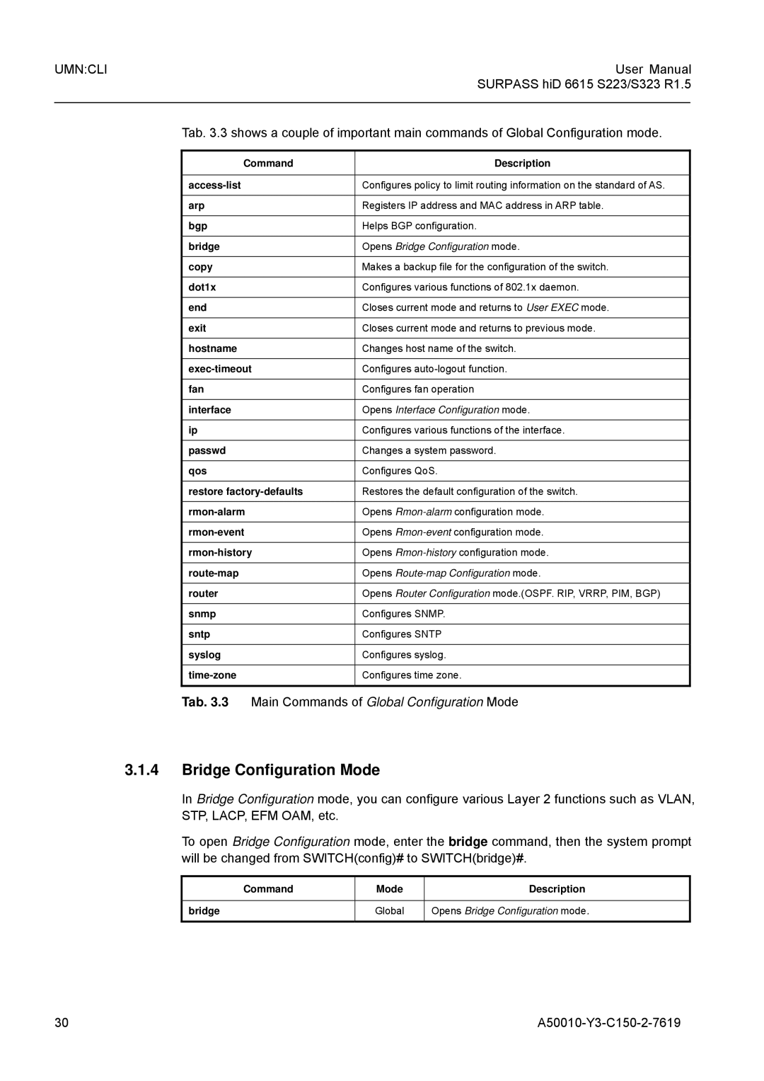 Siemens S323, S223 user manual Bridge Configuration Mode, Tab .3 Main Commands of Global Configuration Mode 