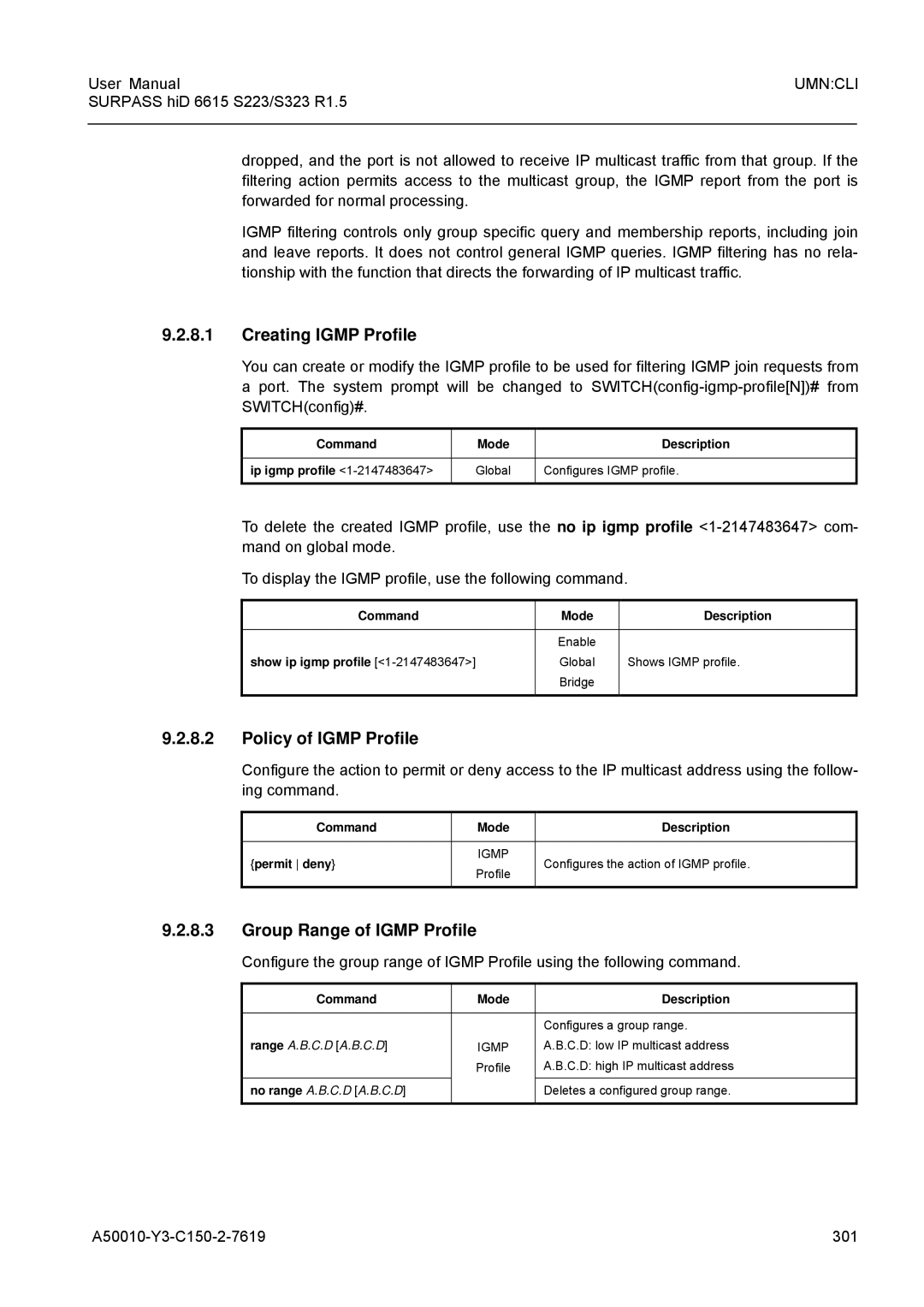 Siemens S223, S323 Creating Igmp Profile, Policy of Igmp Profile, Group Range of Igmp Profile, A50010-Y3-C150-2-7619 301 