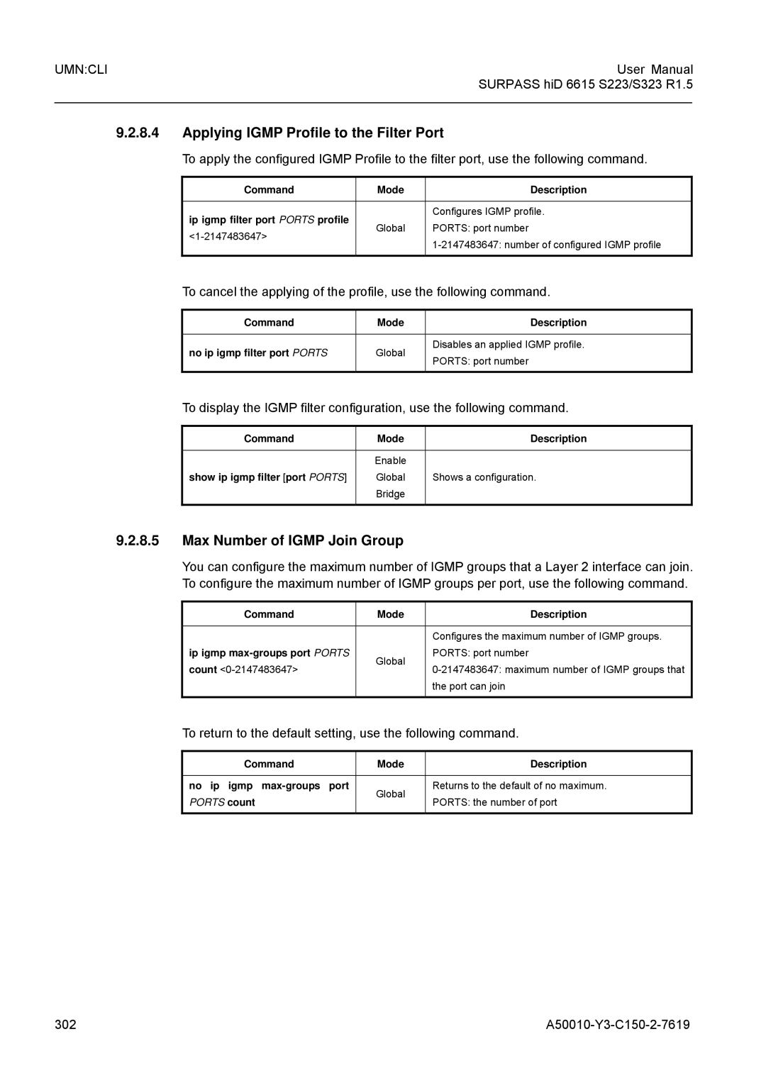 Siemens S323, S223 Applying Igmp Profile to the Filter Port, Max Number of Igmp Join Group, 302 A50010-Y3-C150-2-7619 