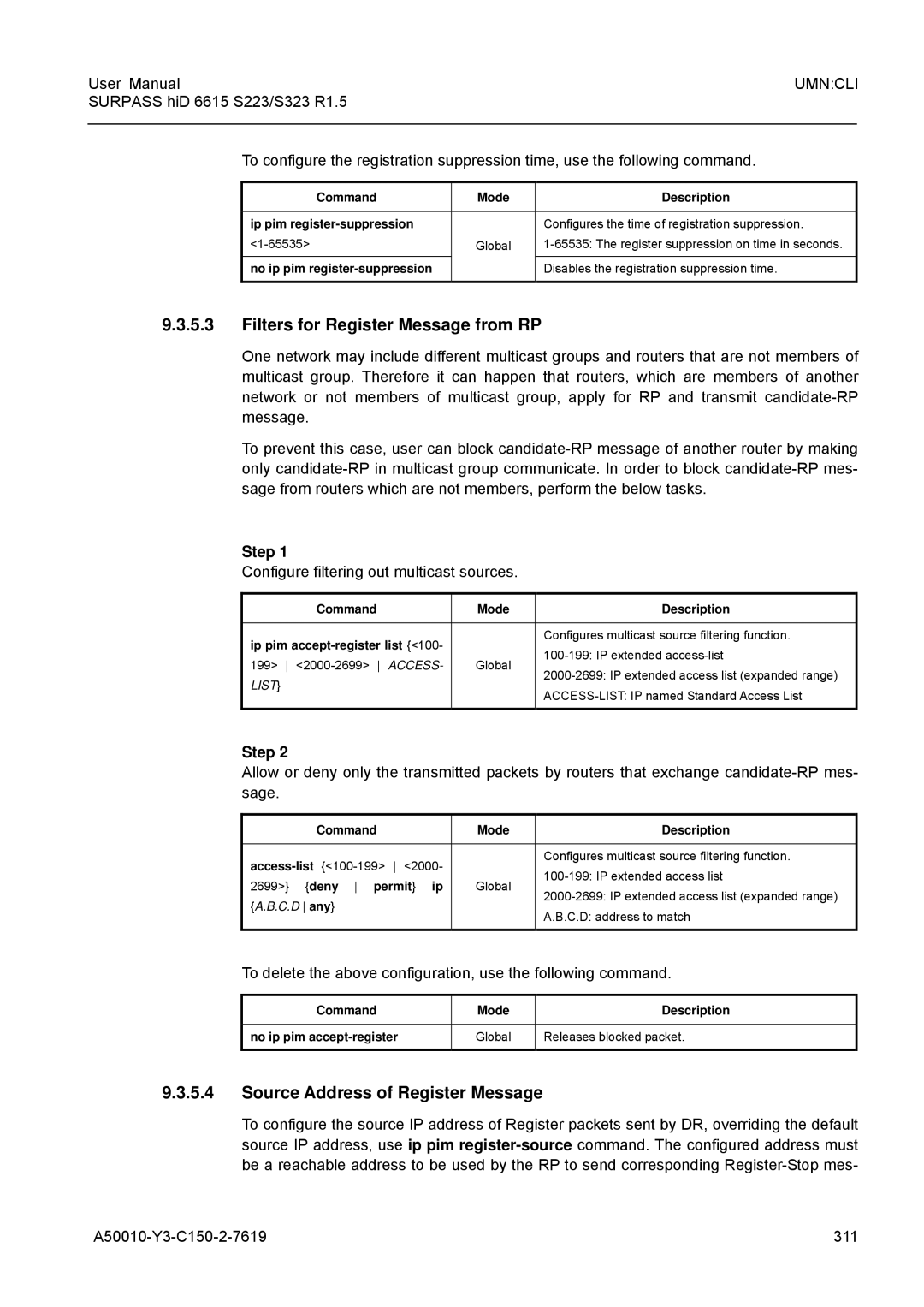 Siemens S223, S323 user manual Filters for Register Message from RP, Source Address of Register Message, Deny permit ip 