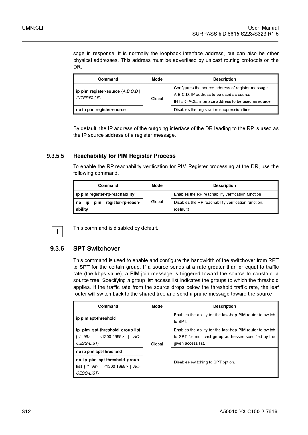 Siemens S323, S223 user manual SPT Switchover, Reachability for PIM Register Process, This command is disabled by default 