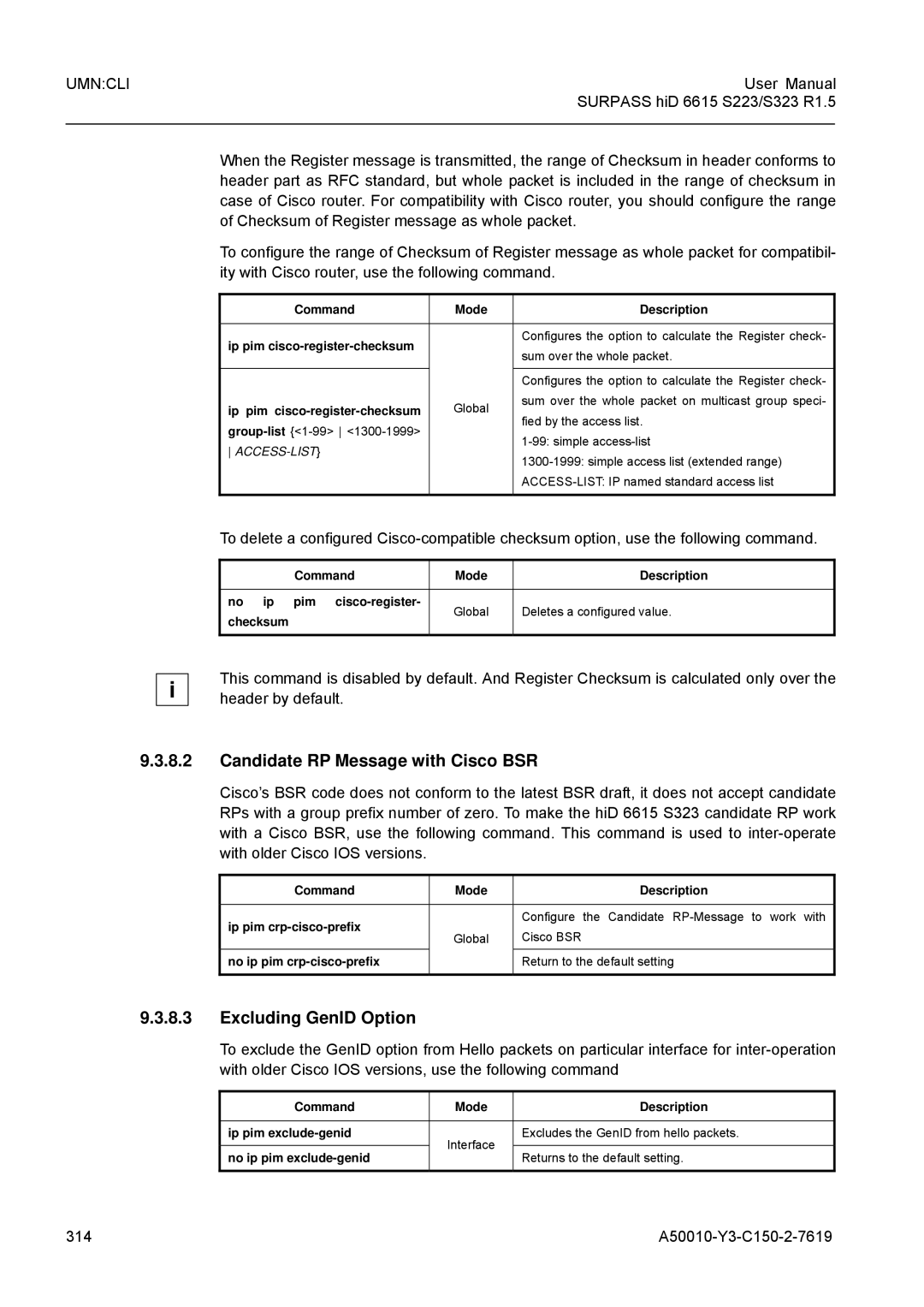 Siemens S323, S223 user manual Candidate RP Message with Cisco BSR, Excluding GenID Option, With older Cisco IOS versions 