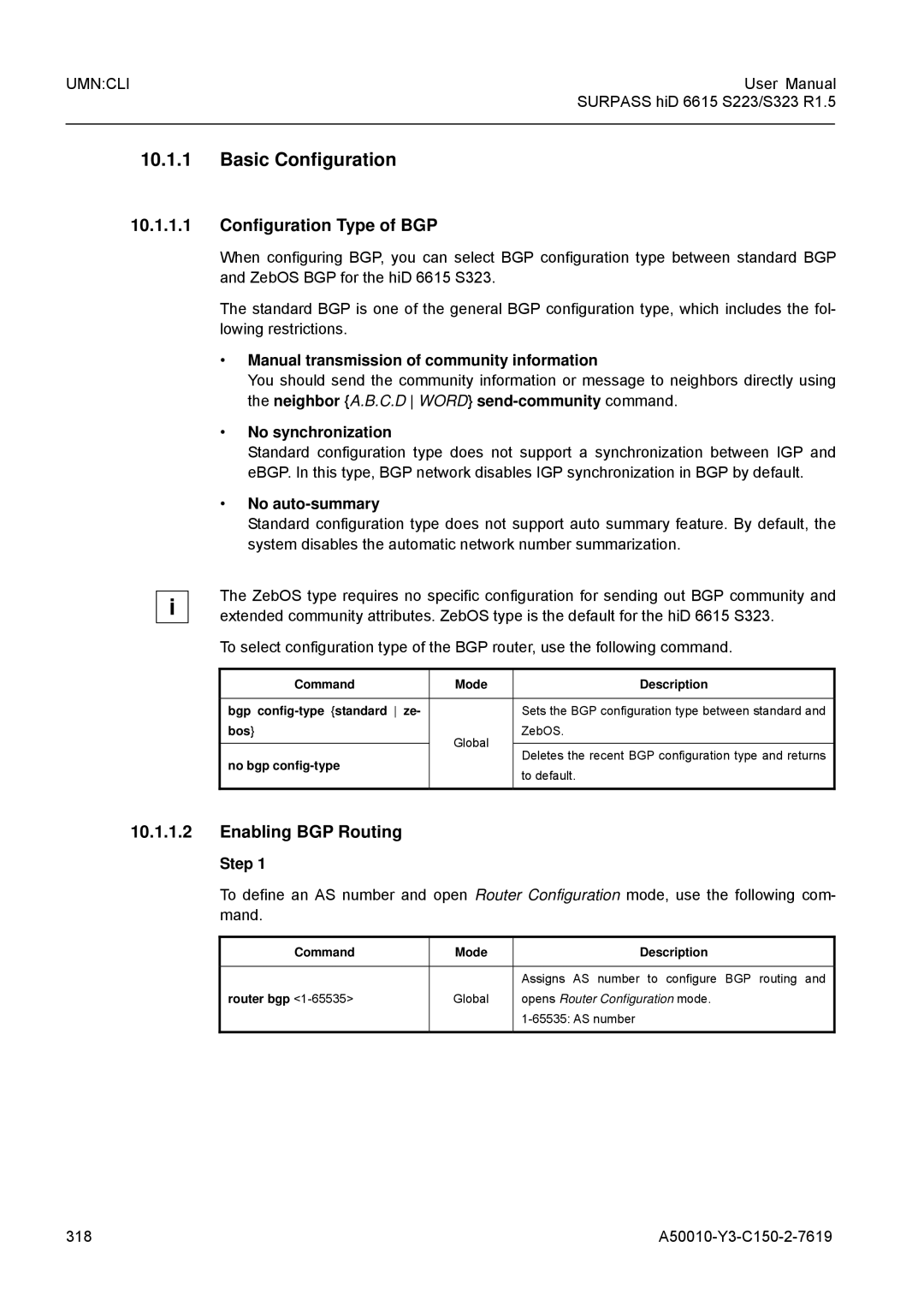 Siemens S323, S223 user manual Basic Configuration, Configuration Type of BGP, Enabling BGP Routing 