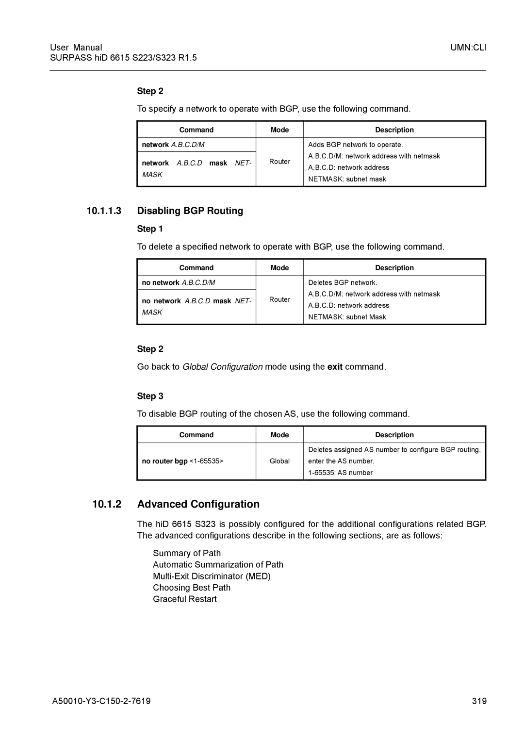 Siemens S223 Advanced Configuration, Disabling BGP Routing, Go back to Global Configuration mode using the exit command 