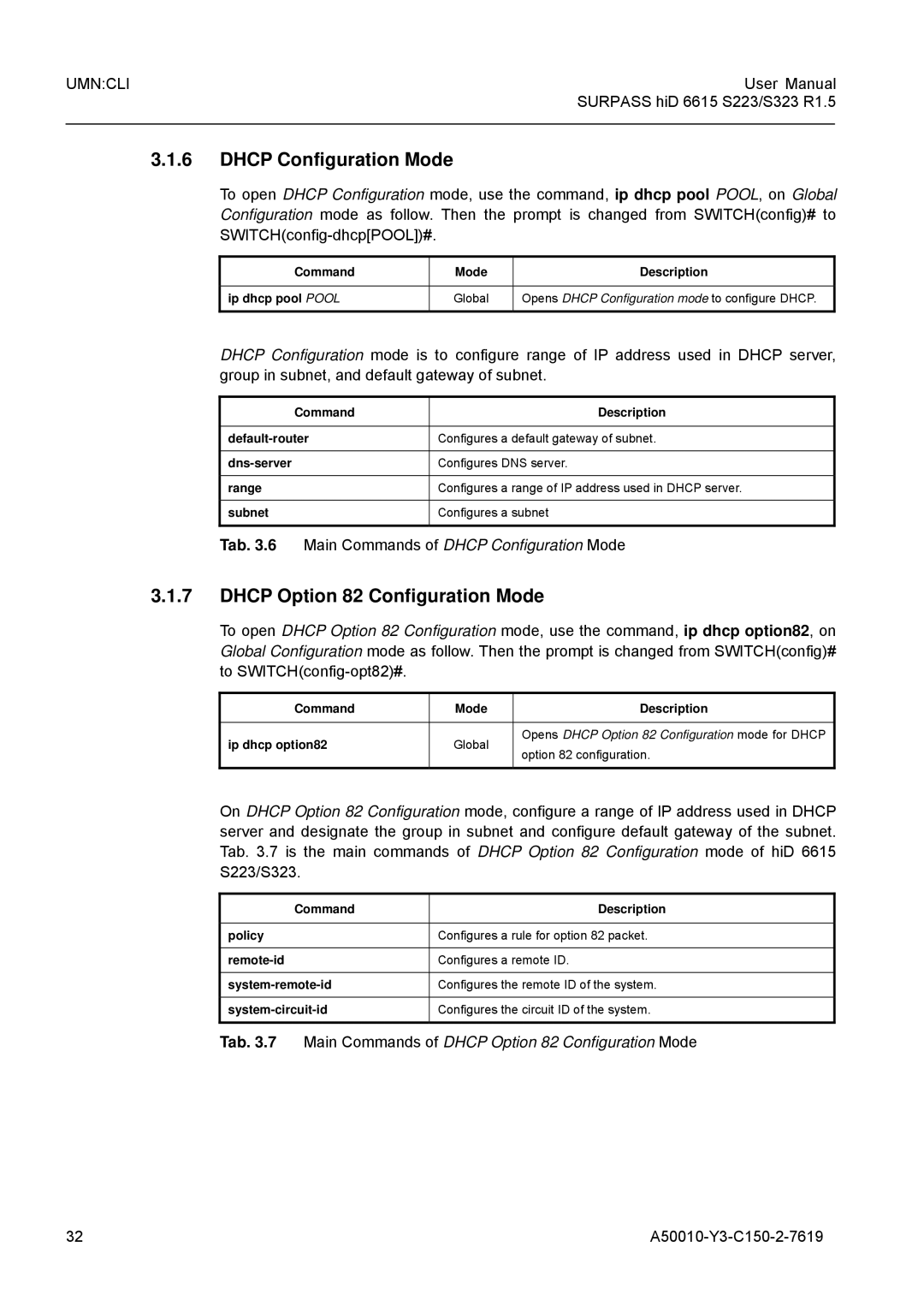 Siemens S323, S223 user manual Dhcp Option 82 Configuration Mode, Tab .6 Main Commands of Dhcp Configuration Mode 