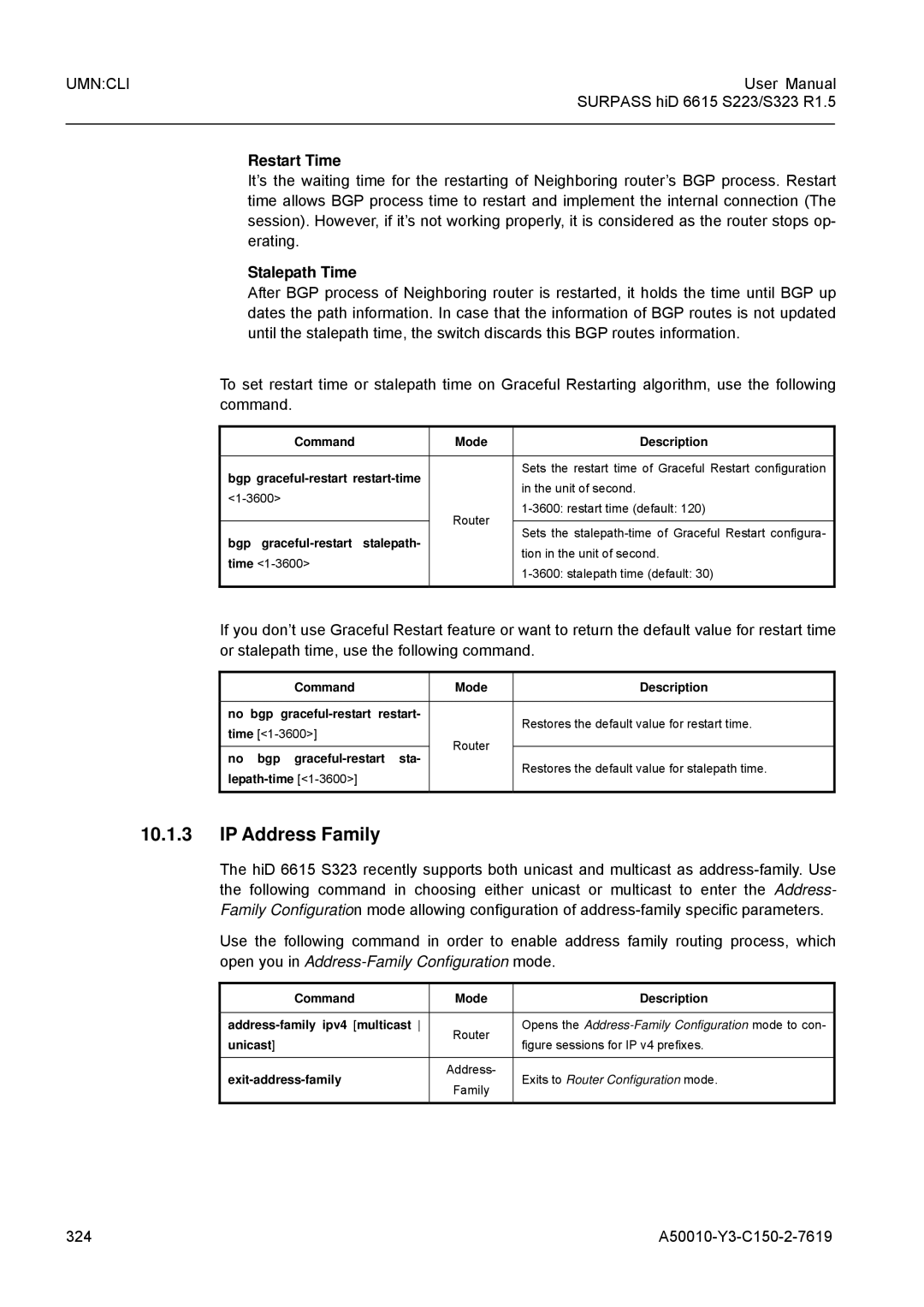 Siemens S323, S223 user manual IP Address Family, Restart Time, Stalepath Time, 324 A50010-Y3-C150-2-7619 