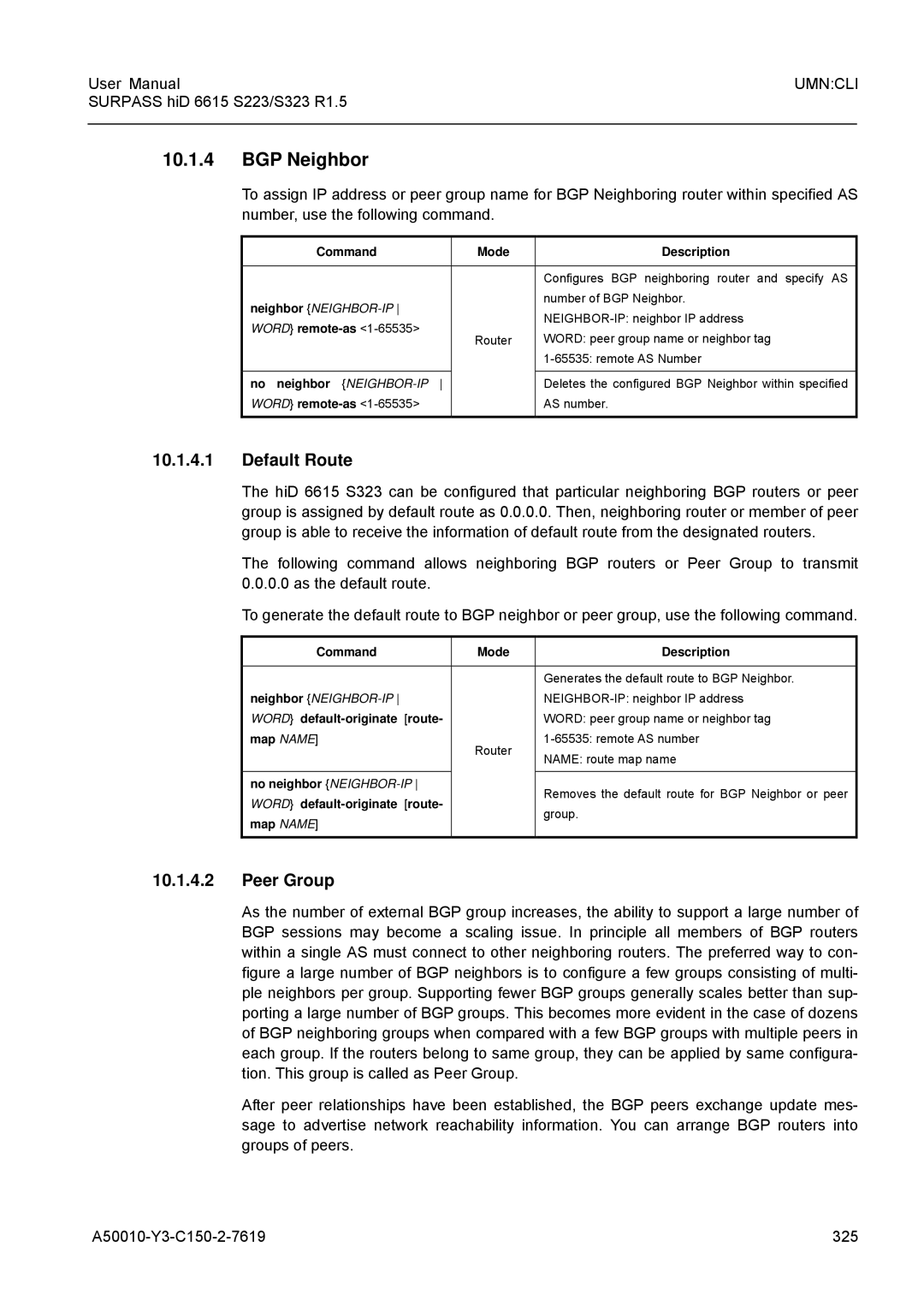 Siemens S223, S323 user manual BGP Neighbor, Default Route, Peer Group 