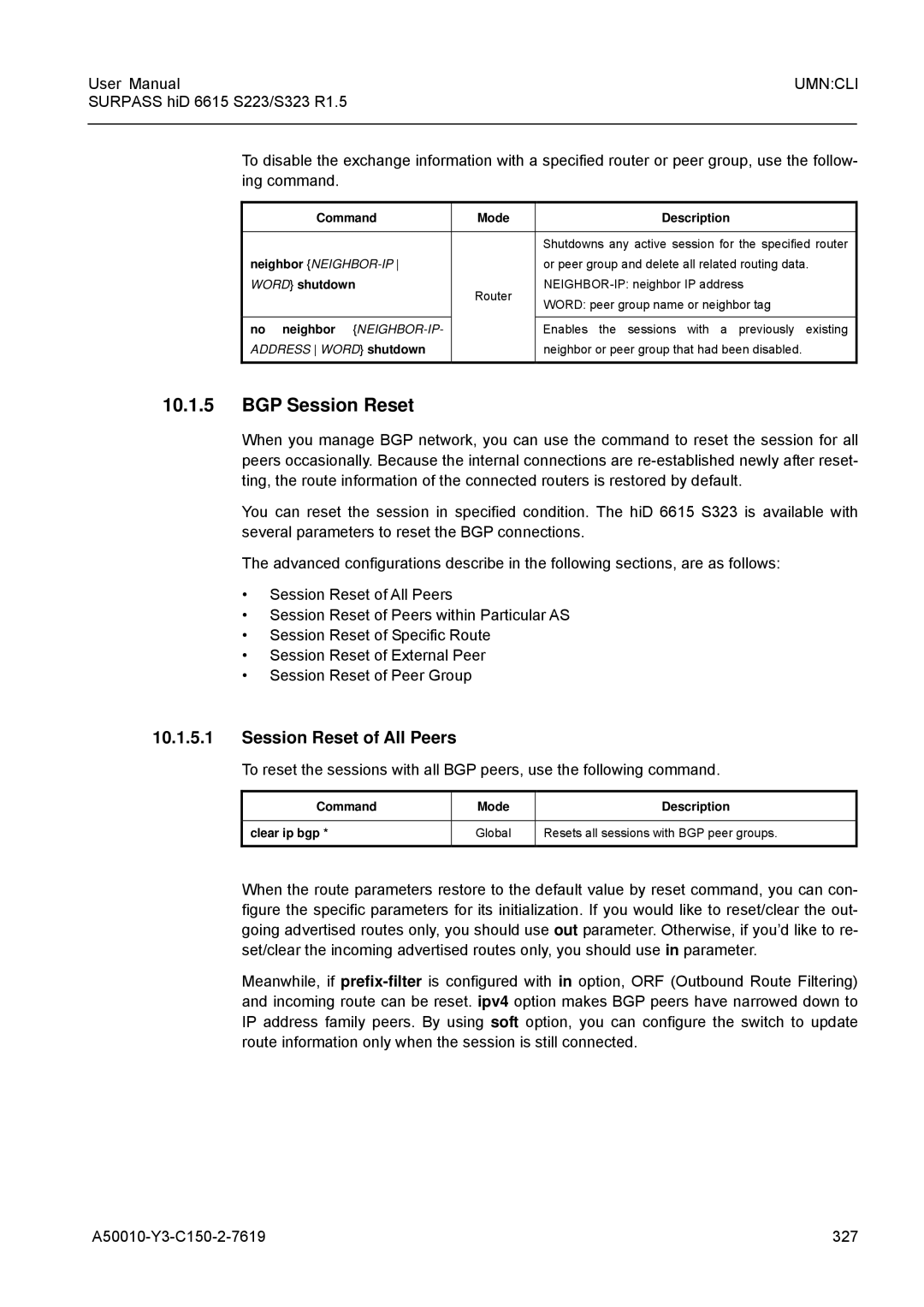 Siemens S223, S323 user manual BGP Session Reset, Session Reset of All Peers, Word shutdown 