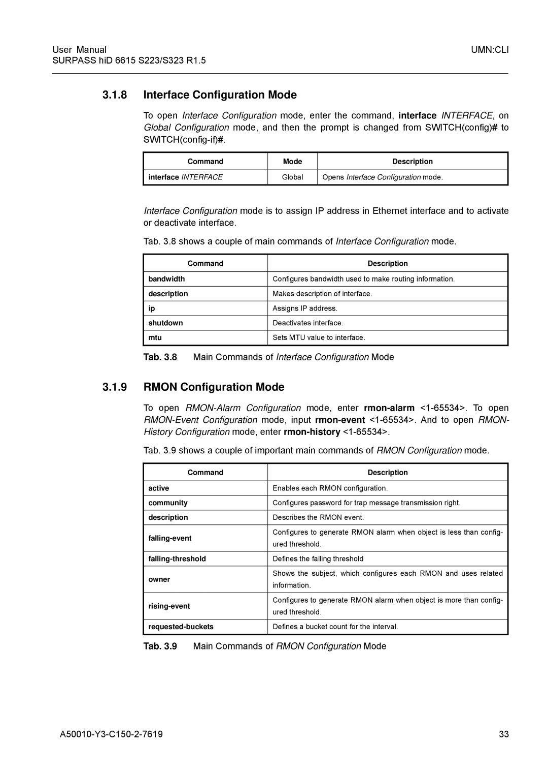 Siemens S223, S323 Interface Configuration Mode, Rmon Configuration Mode, Command Mode Description Interface Interface 