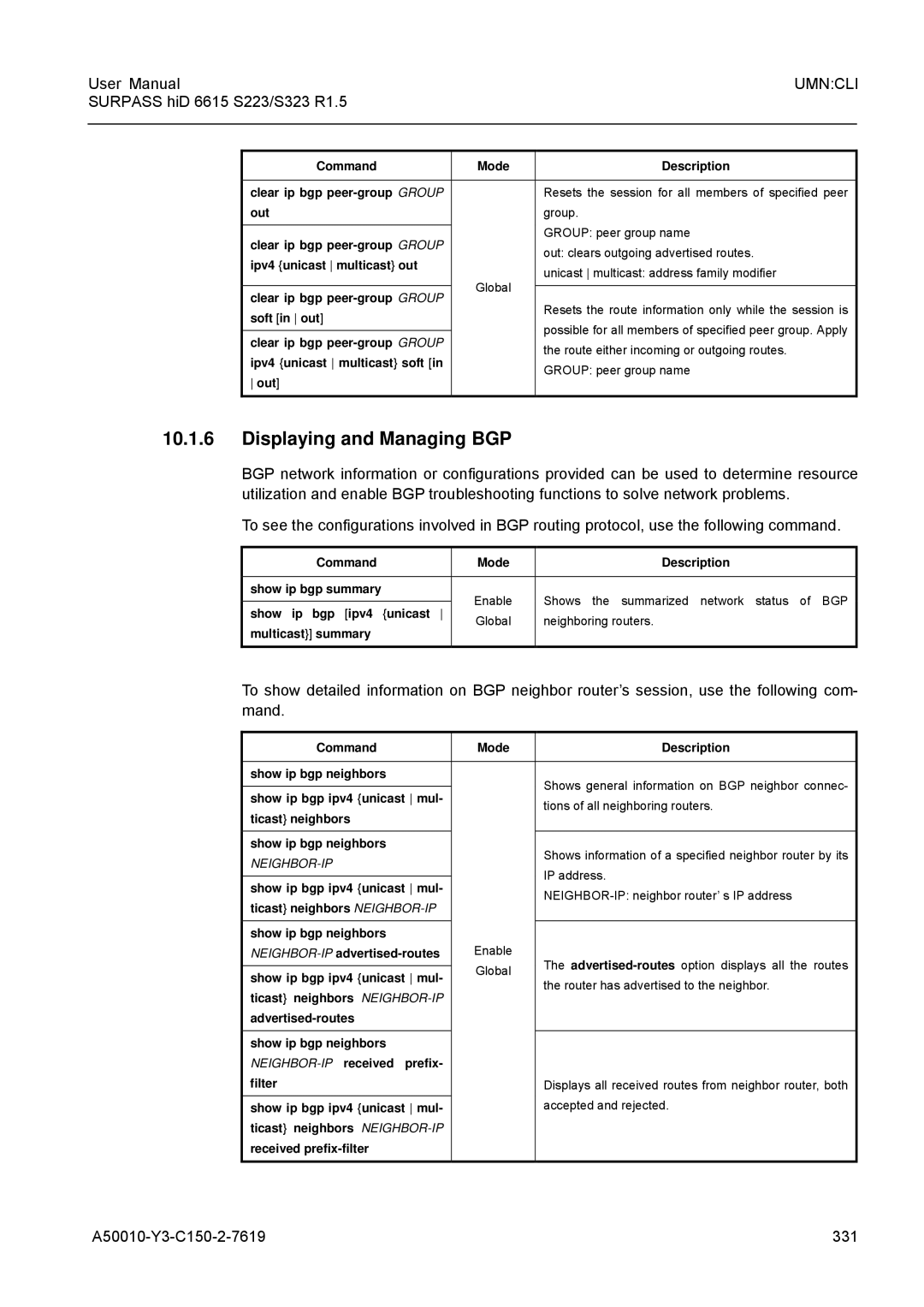 Siemens S223, S323 user manual Displaying and Managing BGP, A50010-Y3-C150-2-7619 331 