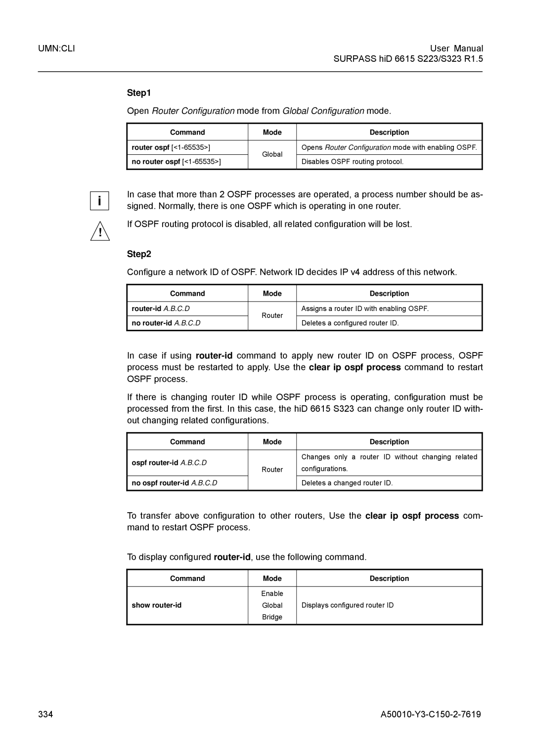 Siemens S323, S223 user manual 334 A50010-Y3-C150-2-7619, Command Mode Description Router ospf, No router ospf 