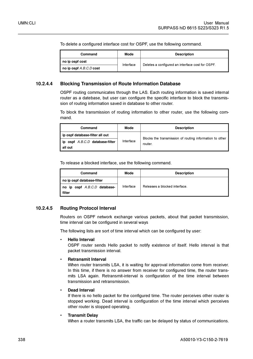 Siemens S323, S223 user manual Blocking Transmission of Route Information Database, Routing Protocol Interval 