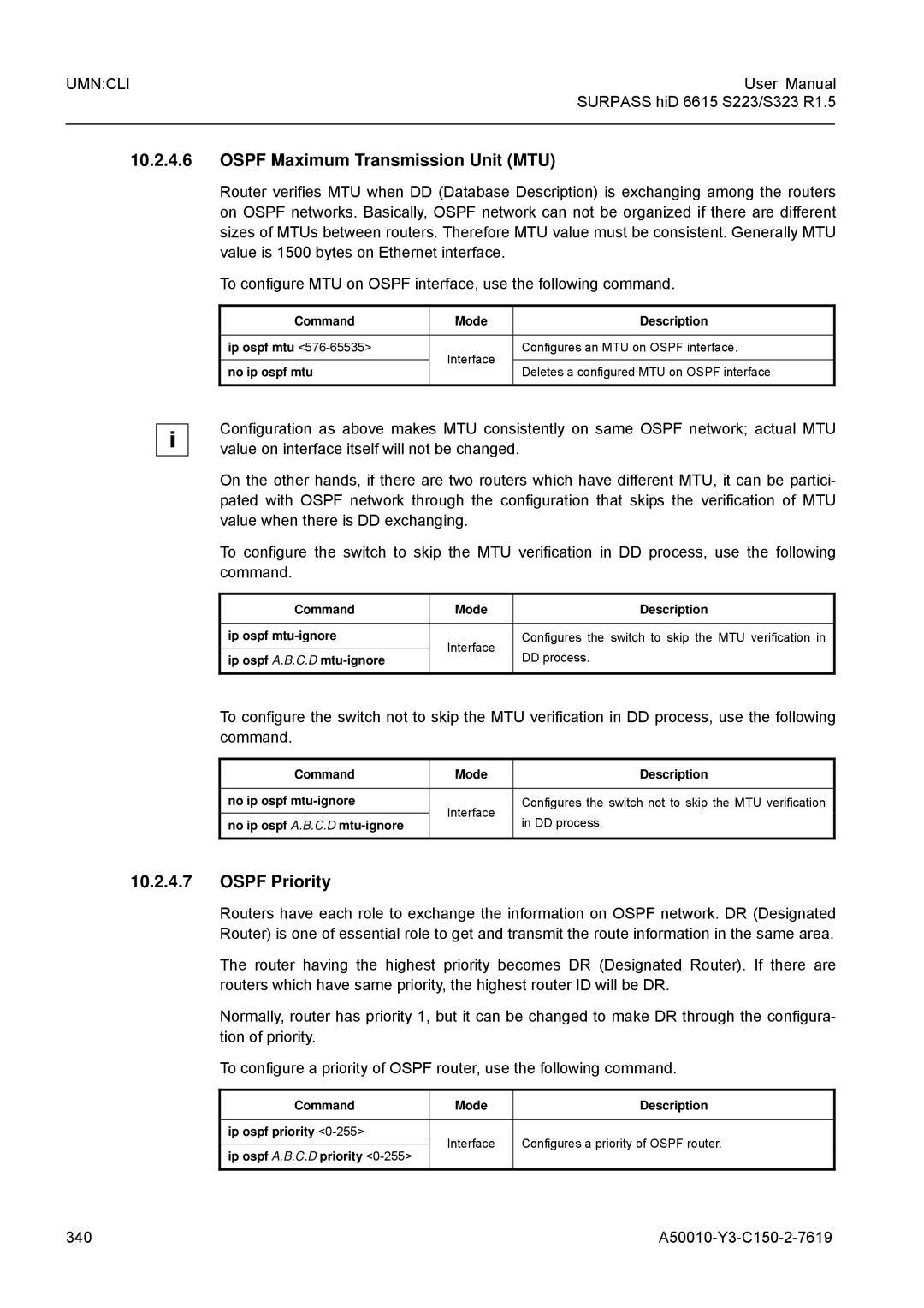 Siemens S323, S223 user manual Ospf Maximum Transmission Unit MTU, Ospf Priority, 340 A50010-Y3-C150-2-7619 