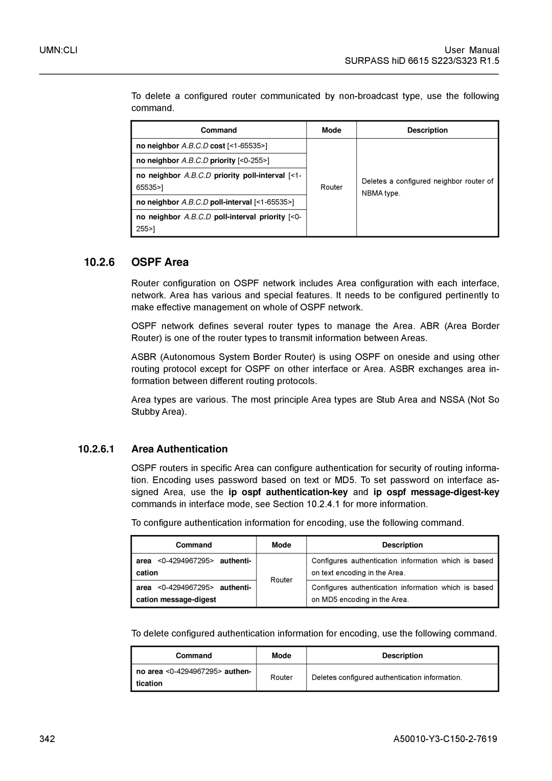 Siemens S323, S223 user manual Ospf Area, Area Authentication, 342 A50010-Y3-C150-2-7619 