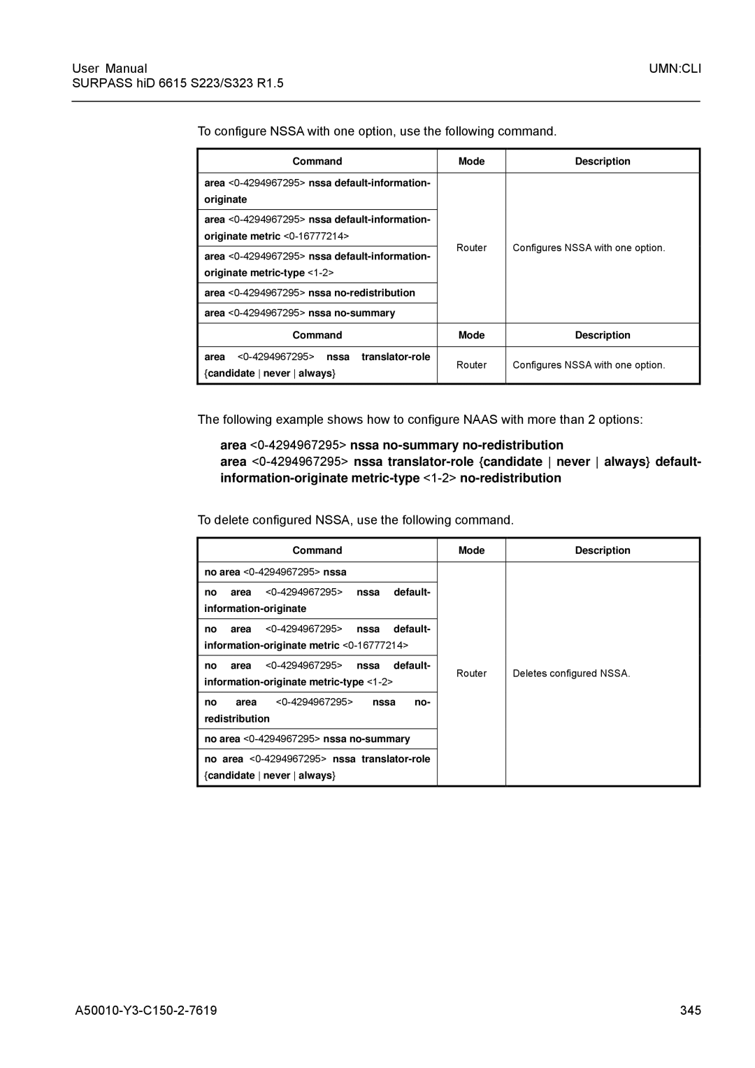 Siemens S223, S323 user manual To delete configured NSSA, use the following command, A50010-Y3-C150-2-7619 345, Originate 