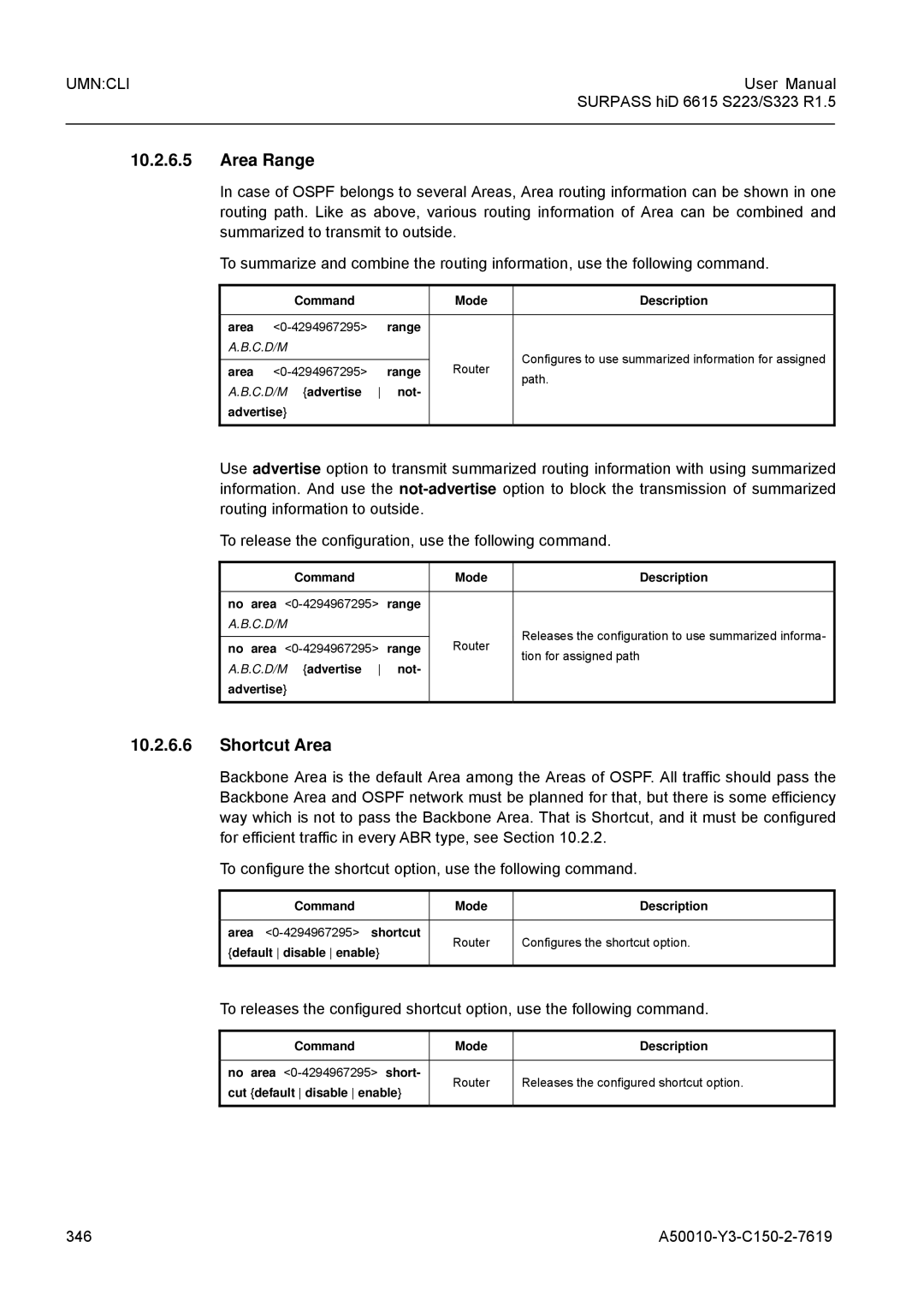 Siemens S323, S223 user manual Area Range, Shortcut Area, 346 A50010-Y3-C150-2-7619, C.D/M advertise not Advertise 