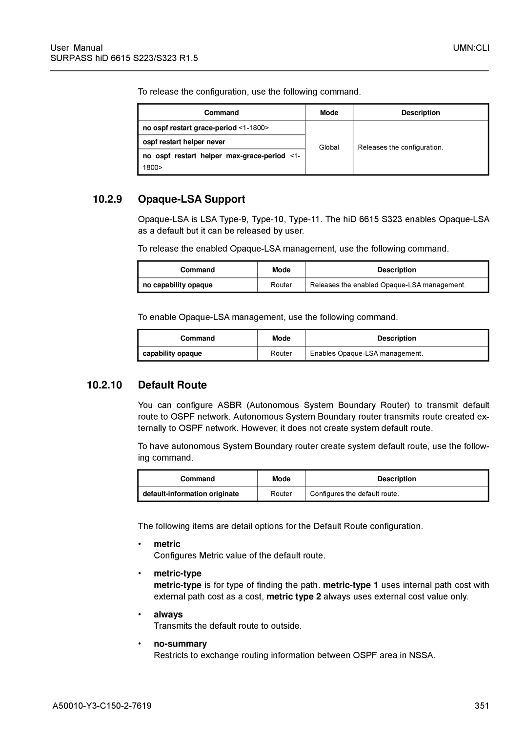 Siemens S223, S323 user manual Opaque-LSA Support, Default Route, Metric-type, Always 