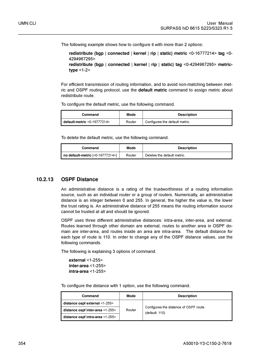 Siemens S323, S223 Ospf Distance, To delete the default metric, use the following command, External Inter-area Intra-area 