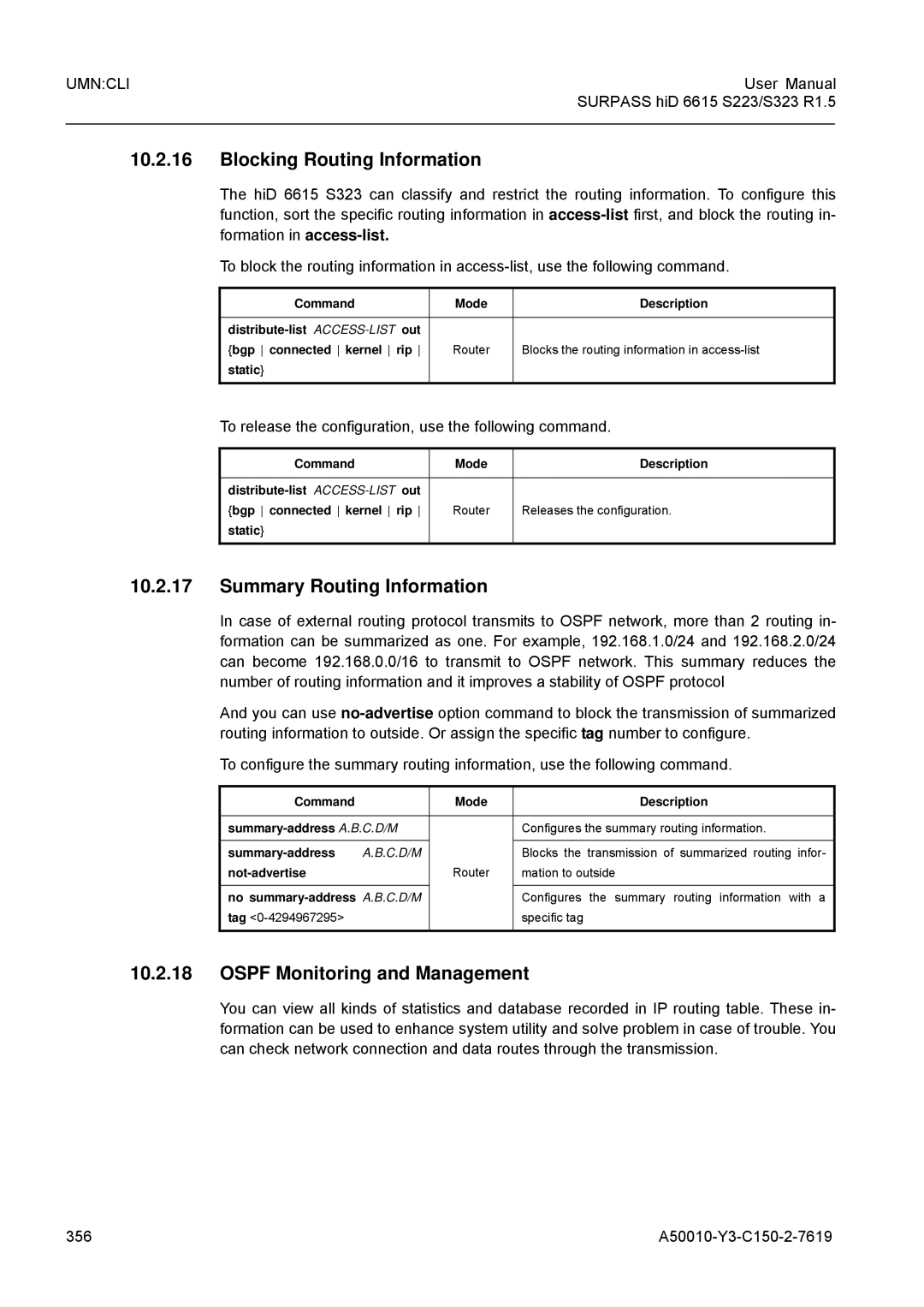 Siemens S323, S223 user manual Blocking Routing Information, Summary Routing Information, Ospf Monitoring and Management 