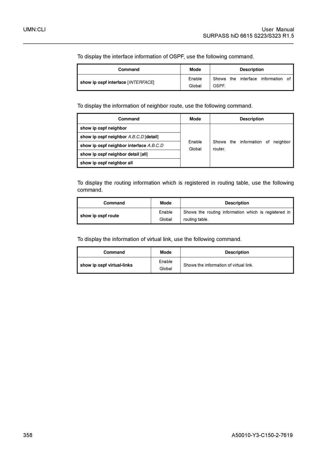 Siemens S323, S223 user manual 358 A50010-Y3-C150-2-7619, Command Mode Description Show ip ospf interface Interface 