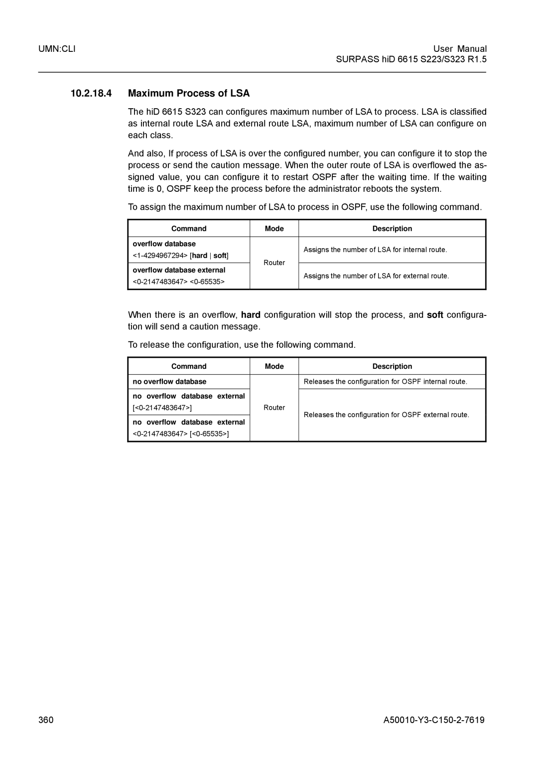 Siemens S323, S223 user manual Maximum Process of LSA, 360 A50010-Y3-C150-2-7619, Command Mode Description Overflow database 