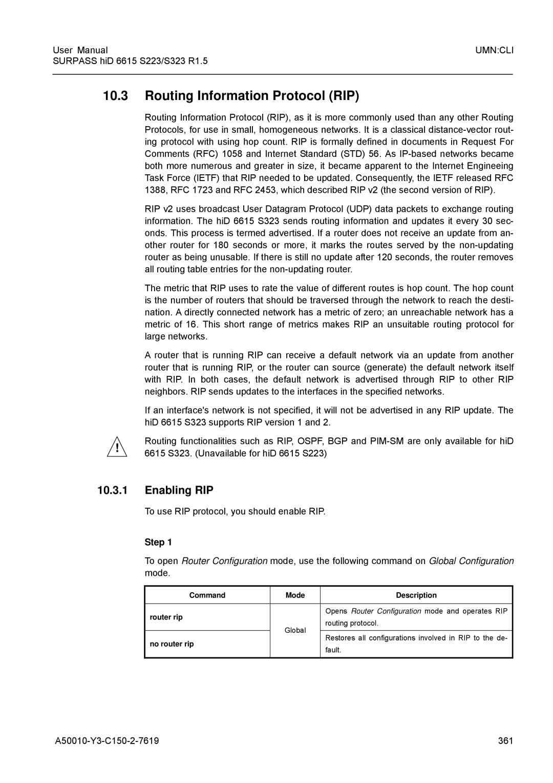 Siemens S223, S323 user manual Routing Information Protocol RIP, Enabling RIP, To use RIP protocol, you should enable RIP 