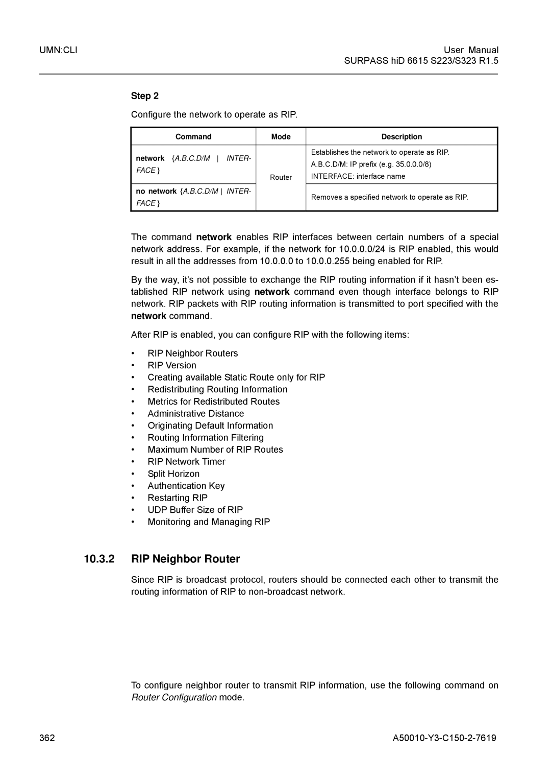 Siemens S323, S223 user manual RIP Neighbor Router, Configure the network to operate as RIP 