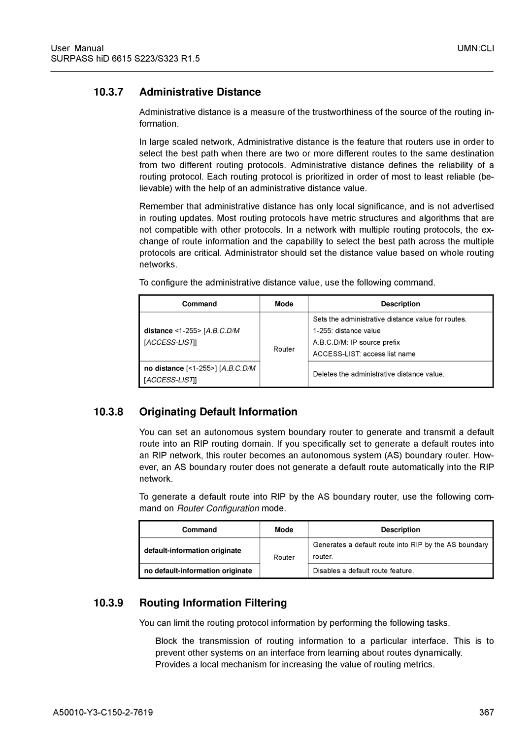 Siemens S223, S323 user manual Administrative Distance, Originating Default Information, Routing Information Filtering 