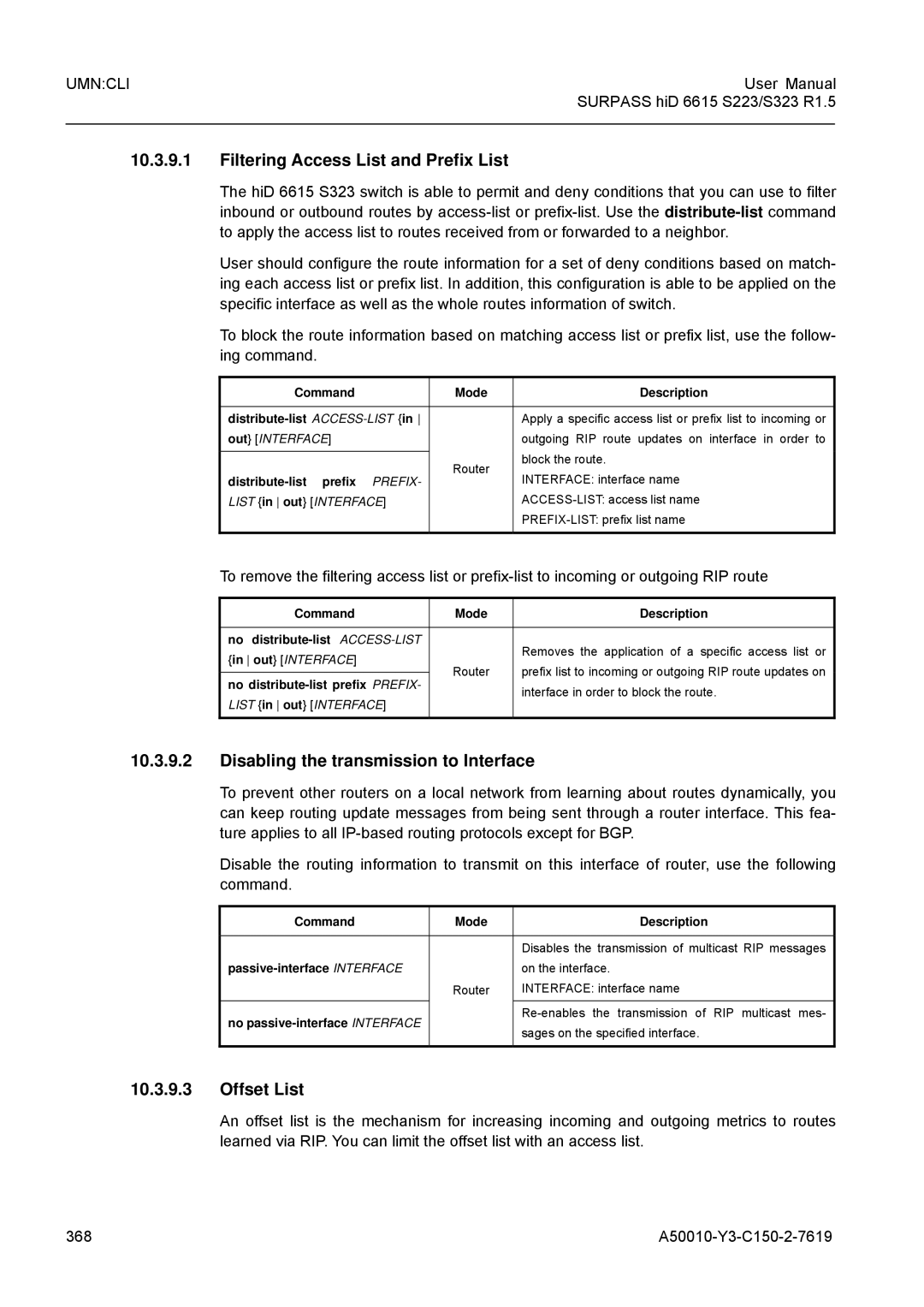 Siemens S323, S223 user manual Filtering Access List and Prefix List, Disabling the transmission to Interface, Offset List 